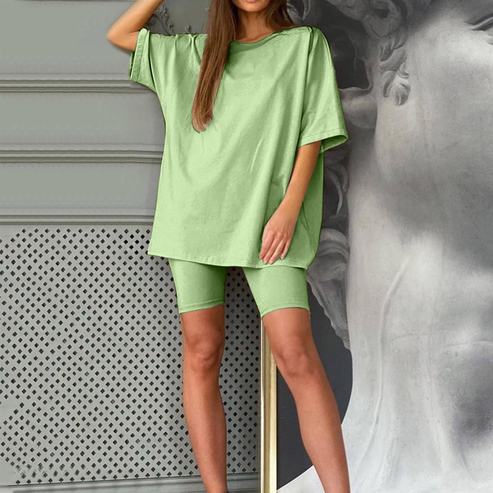 Generisch Pantalones cortos de dos piezas para mujer, de manga corta, con pantalones, para correr, yoga, deportes, para ocio activo