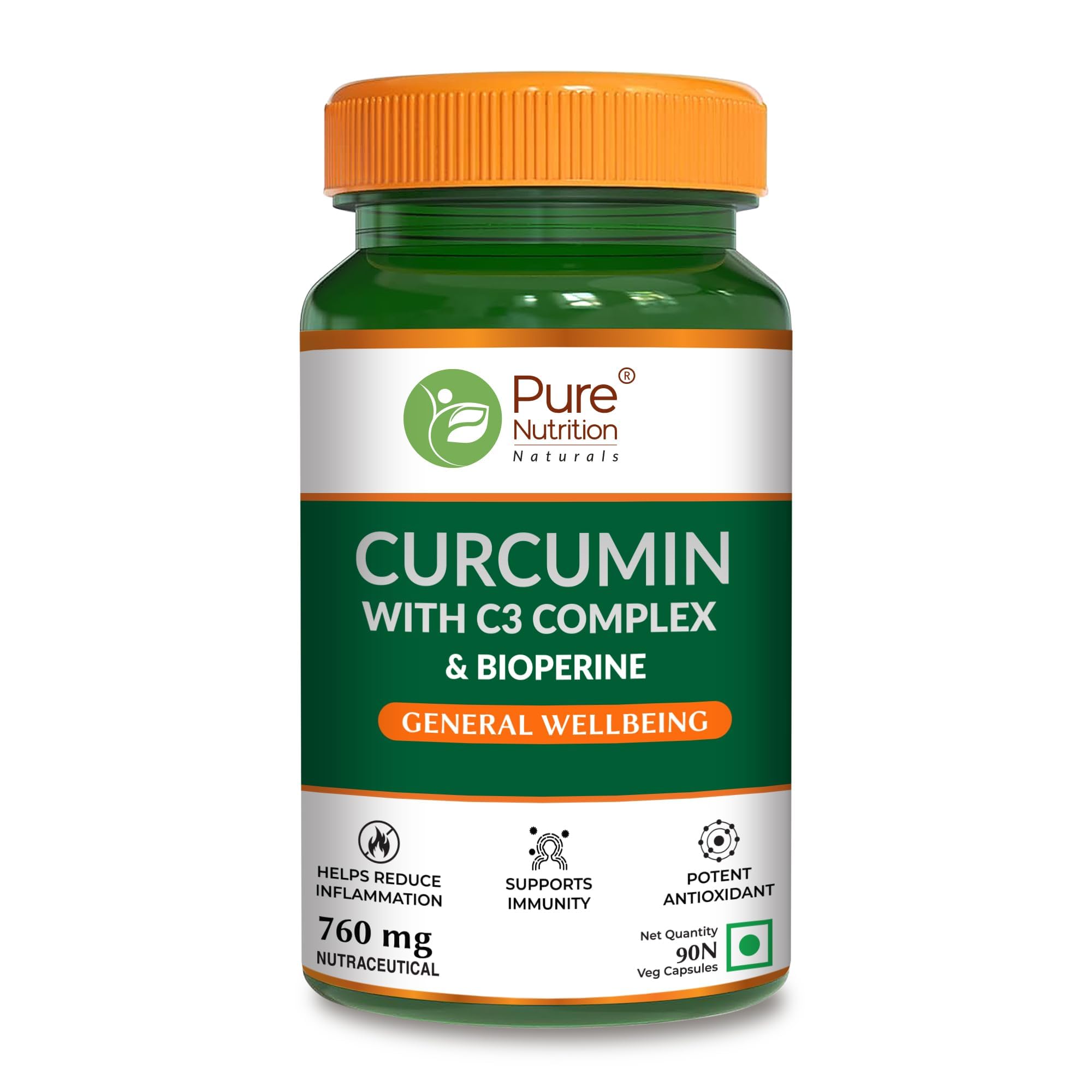 Pure Nutrition Curcumin C3 Complex Supplement - 60 Capsules | Anti Inflammation Turmeric Supplements with Piperine, Amla & Sunthi | High Absorption Inflammatory Support (760mg)