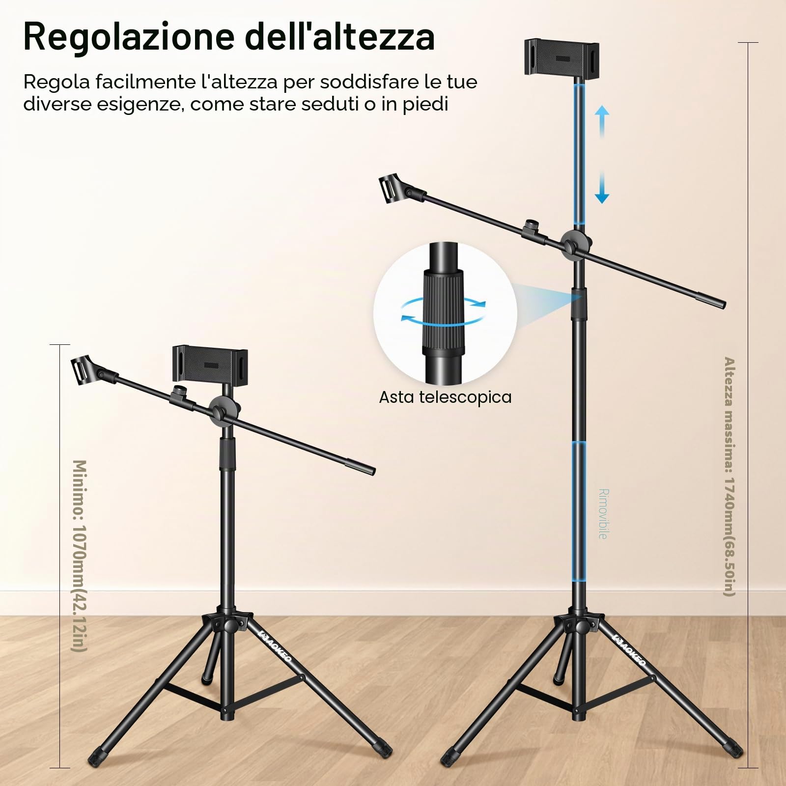 Supporto per microfono, Aokeo Mic Stand Pavimento con treppiede regolabile, Borsa da trasporto, Supporto Tablet, Adatto a qualsiasi microfono, Prestazioni, Cantare, Discorso