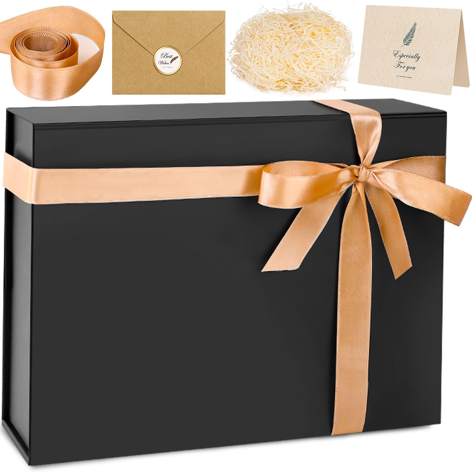 Large Gift Box, 13"x10"x4" Black Gift Boxes for Presents, Christmas Gift Boxes with Magnetic Lids, Birthday Box, Contains Card, Ribbon, Shredded Paper Filler for Wedding, Valentine's Day, Anniversary
