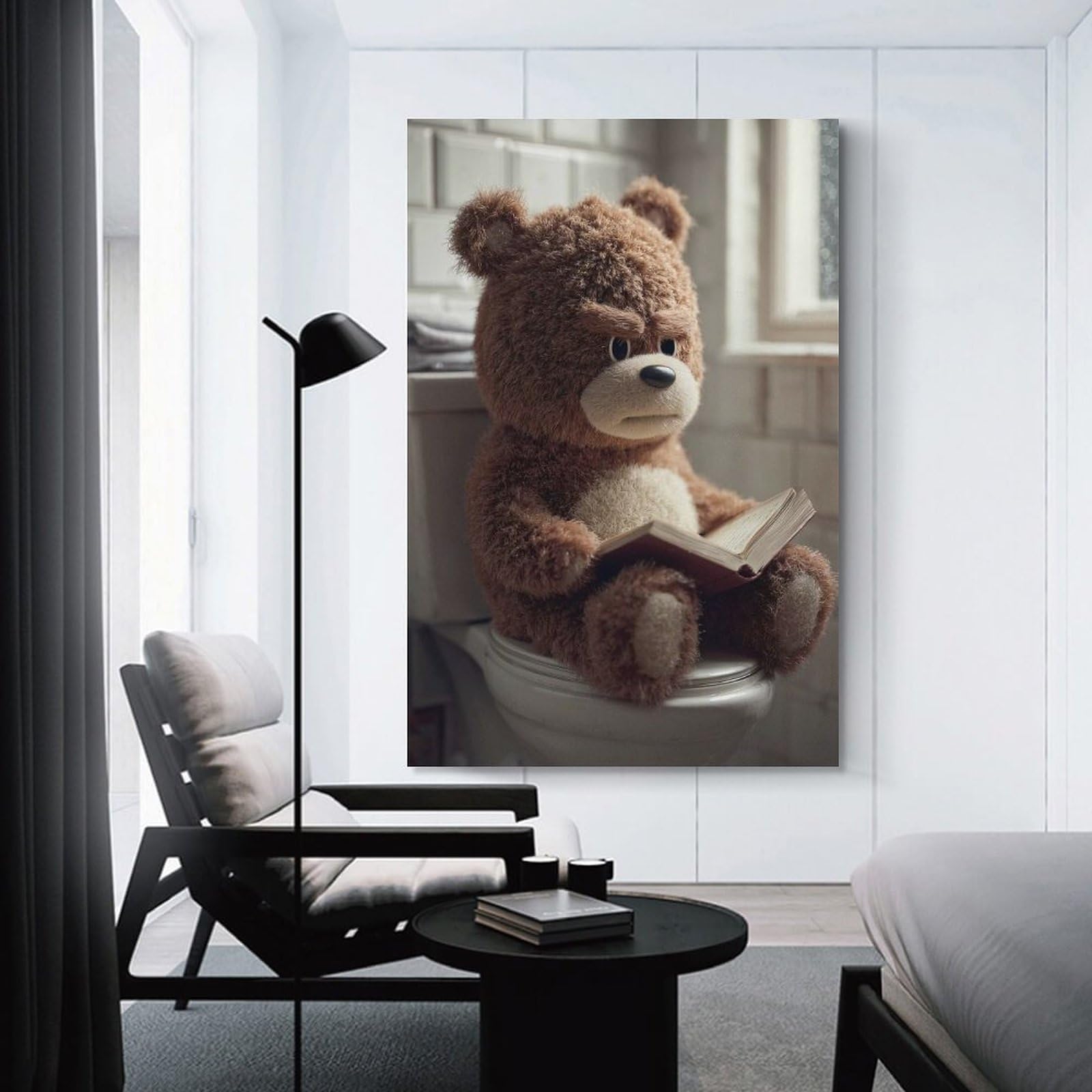 Junmoney Unframe-Style-19 Grumpy Teddy Bear Reading On Toilet Hanging Wall Art 20X30inch(50X75cm), For Restful Interiors, Bedrooms Or Small Rooms, Home Artwork With A Soft Interior Feel