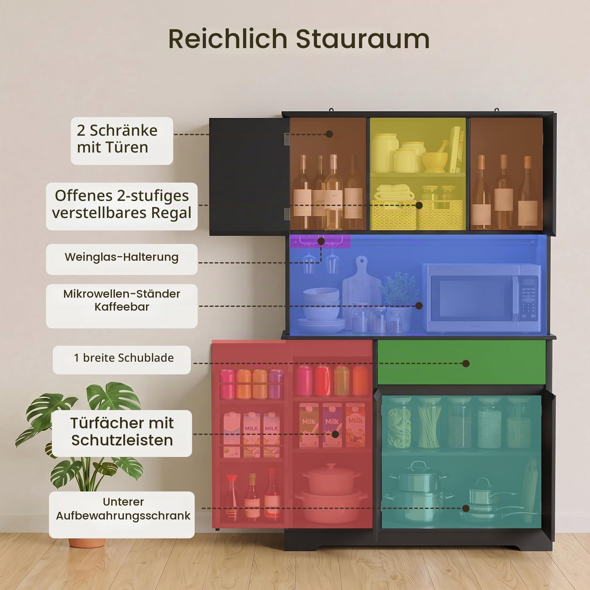 Xbro Küchenschrank,Buffetschrank mit Stauraum,100 x 40 x 172 cm