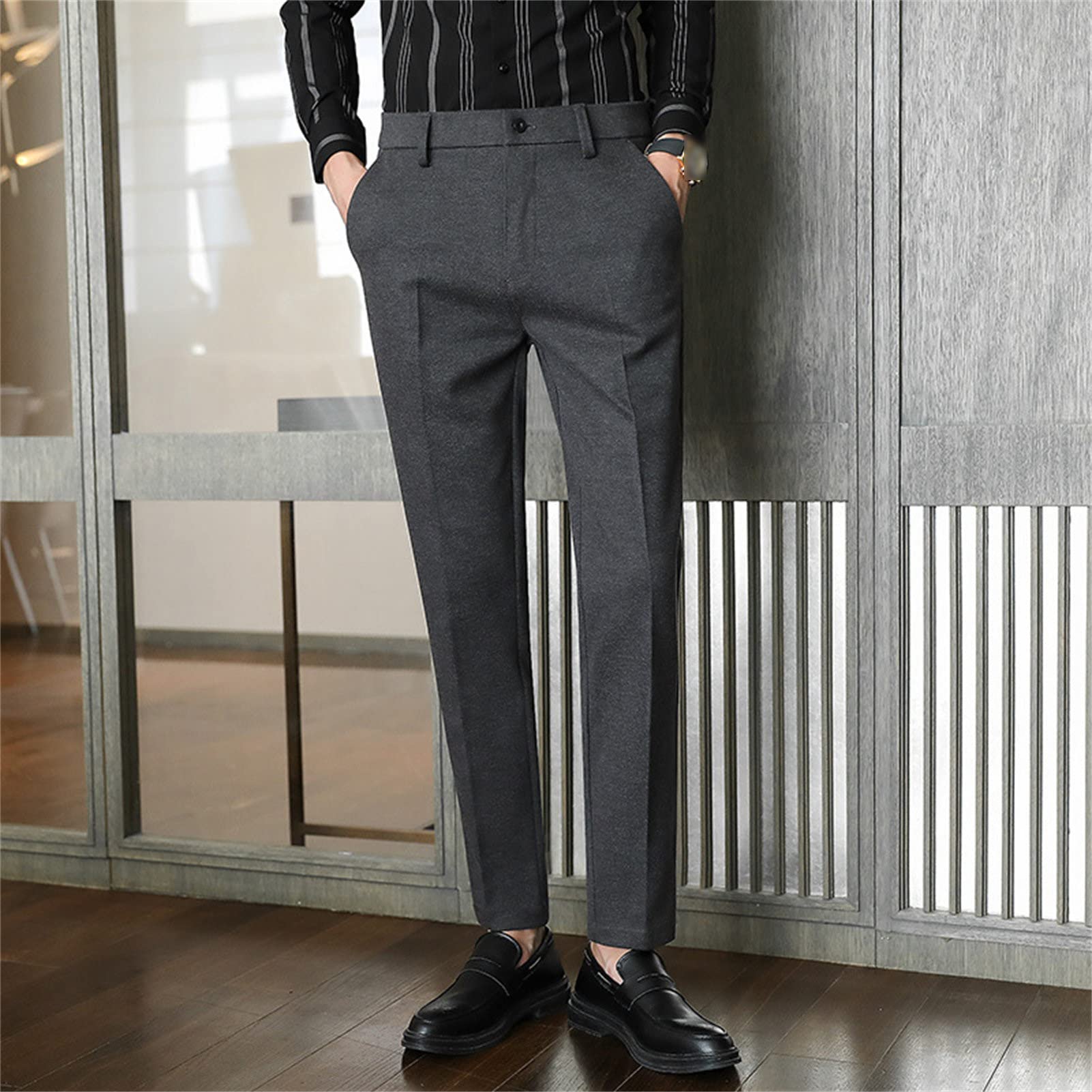 Men Classic Stretch Business Comfort Pant Straight Fit Flat Front Tapered Suit Pant Lightweight Slim Solid Trousers (Dark Grey,33)