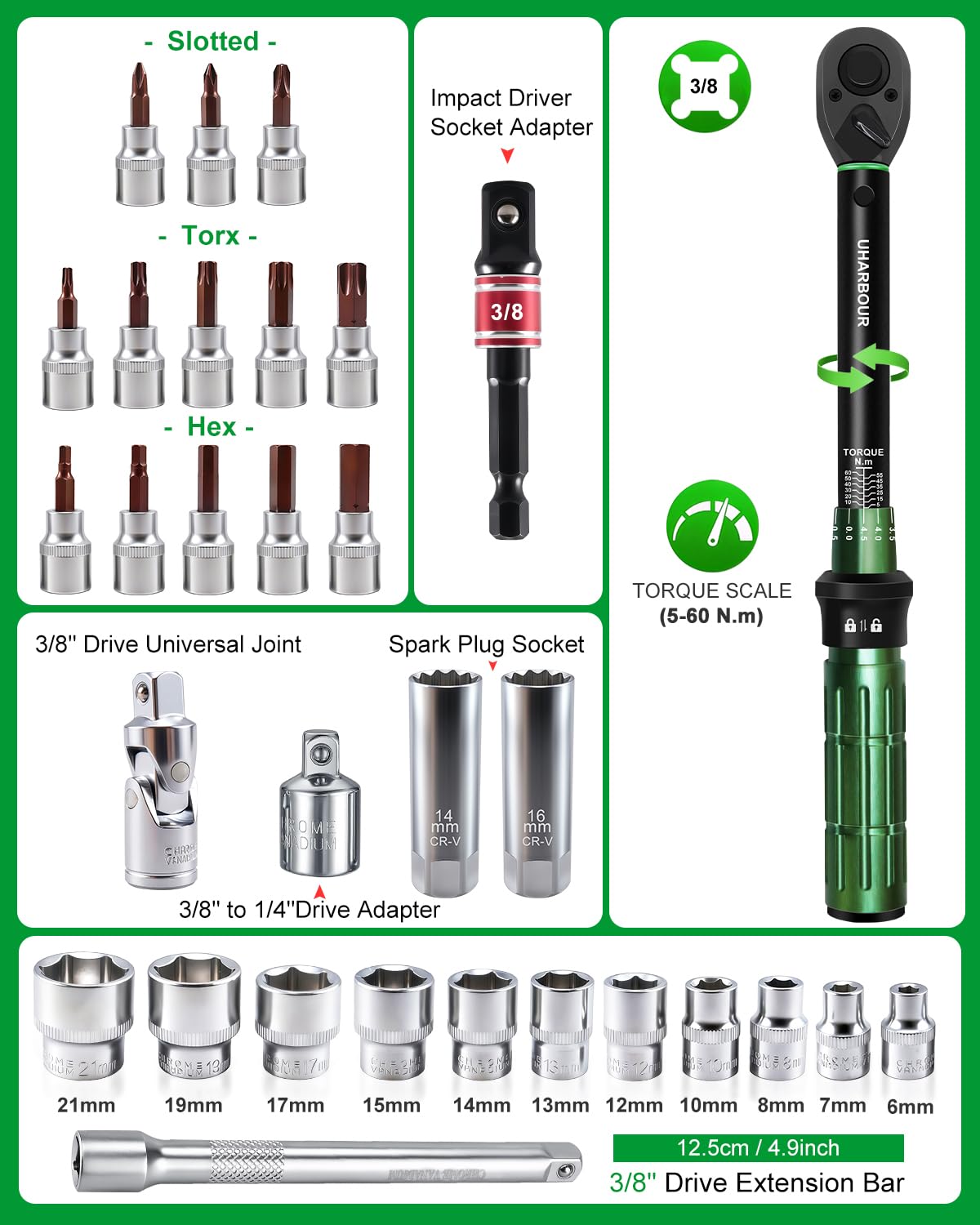 Uharbour Llave dinamométrica de 3/8 pulgadas, 5-60 Nm, 31 piezas, juego de llaves dinamométricas para motocicleta, ± 3% de precisión con extensiones, llaves de vaso y adaptador, carraca de 72 dientes