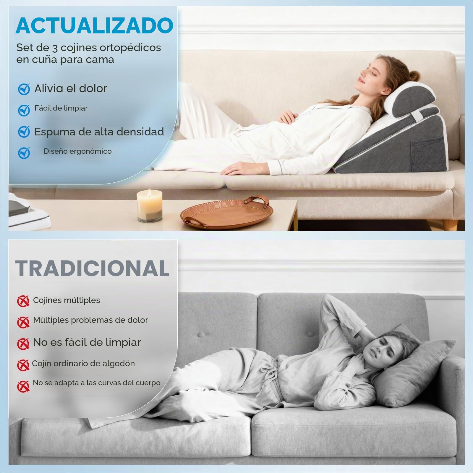 Almohada ortopédica 3 en 1 para dormir apnea con almohada ajustable, cojín de cuña para reflujo ácido, alivio del dolor de espalda, snoring, elevación de piernas con cubierta lavable, dormir