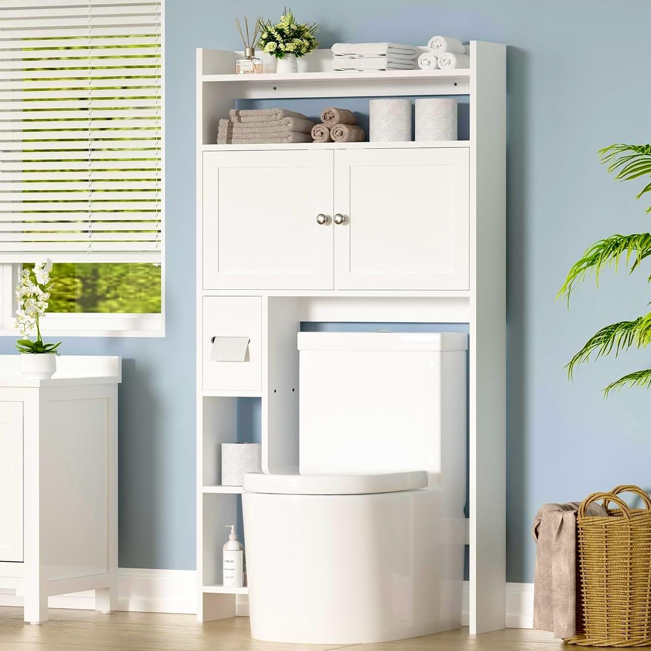 IdeaKey Over The Toilet Storage Cabinet with Toilet Paper Holder Stand, 7-Tier Free Standing Bathroom Over Toilet Storage with Shelves and Doors, Behind Toilet Storage Cabinet, White