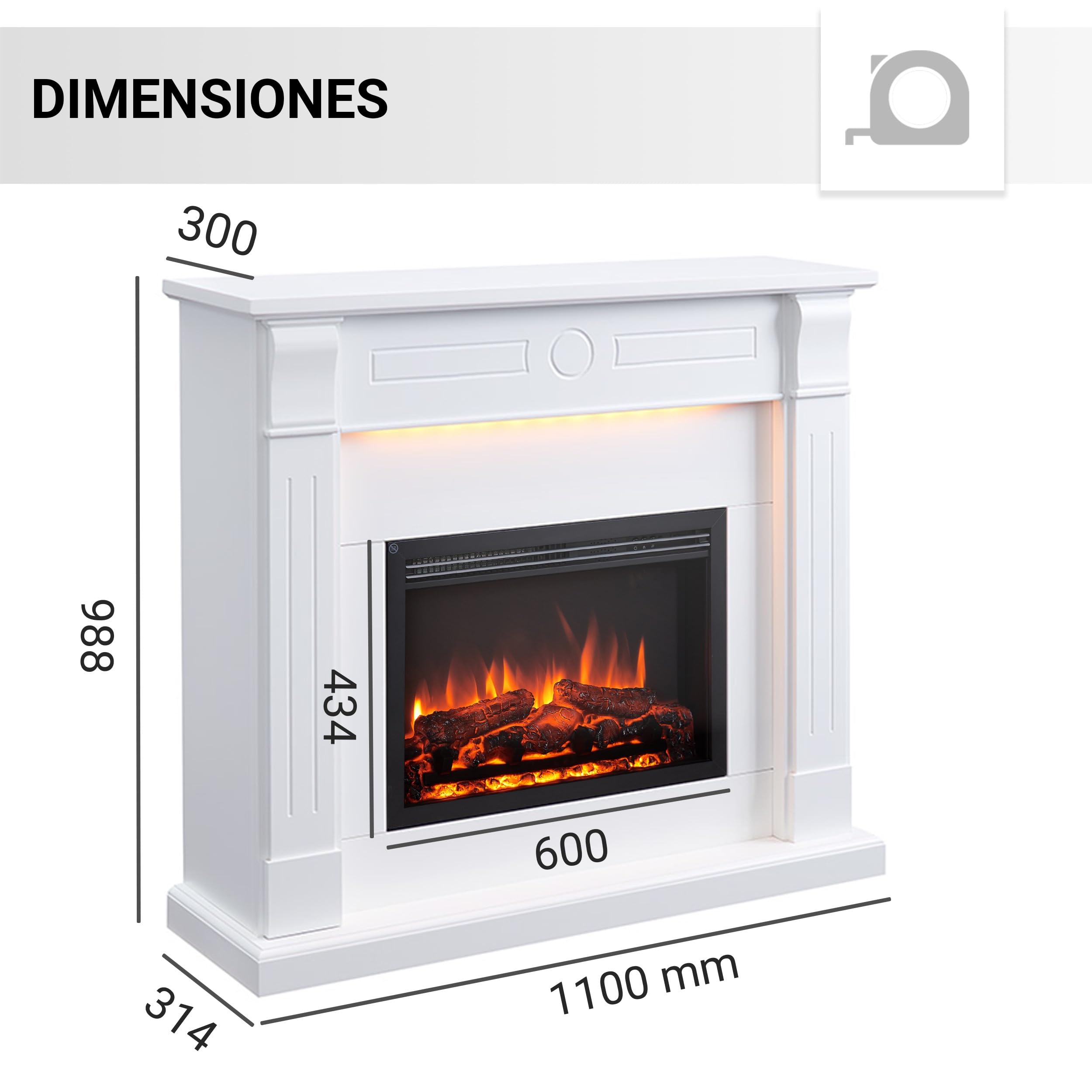 BALDERIA Hikaru - Chimenea eléctrica, Blanco, calefacción 2000 W - Blanco | Efecto de Llama 3D, iluminación LED, crepitación, Control de Aplicaciones, WiFi, Control Remoto, Temporizador, termostato