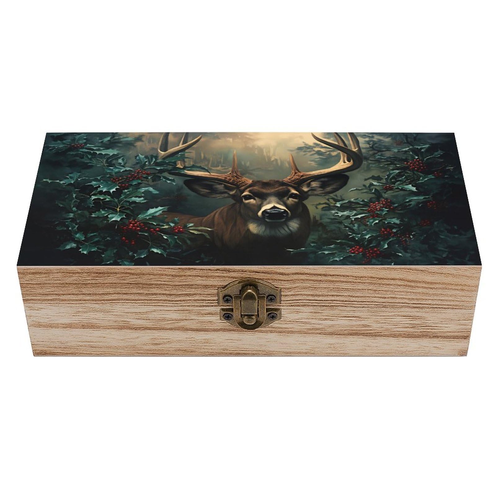 SMAZDFXX Deer In With Holly Wooden Keepsake Box Vintage Solid Wood with Hinged Lid 7.9"×3.7"×2.3" Metal Latch Rustic Home Decor for Jewelry Photos And Trinkets