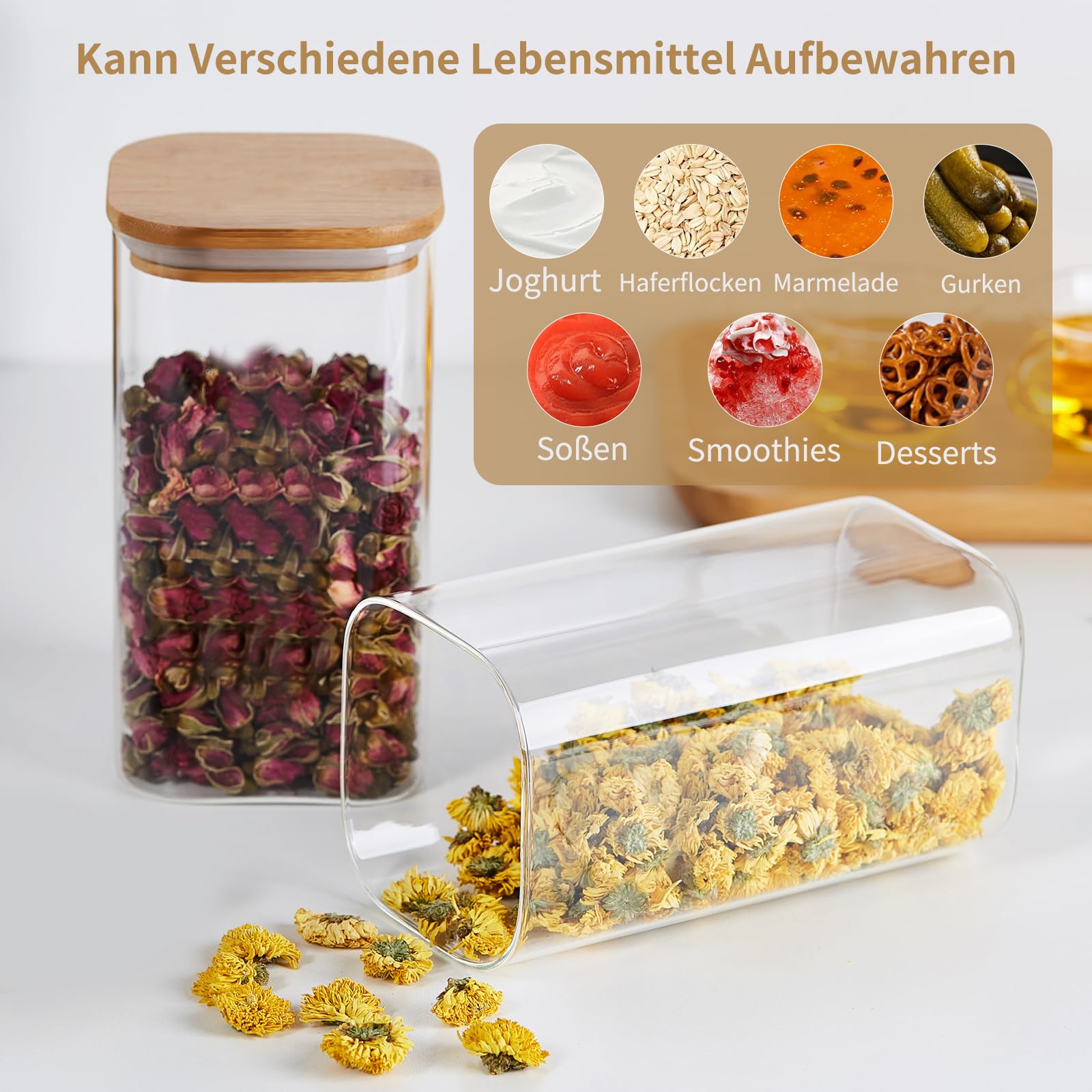 MESNEY Vorratsdosen aus Glas mit Bambusdeckel, 1600 ml, luftdicht, stapelbar, für Küche und Speisekammer, umweltfreundlich, transparent, für trockene Lebensmittel, Kaffee, Nudeln, Snacks und mehr, 6
