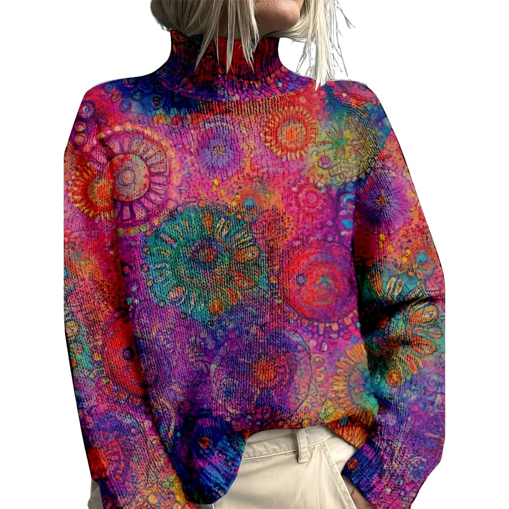 HOTYD Floral Print Turtleneck Sweater Women Cropped Ribbed Raw Hem Knit Sweaters Fair Isle Aztec Western Style Fall