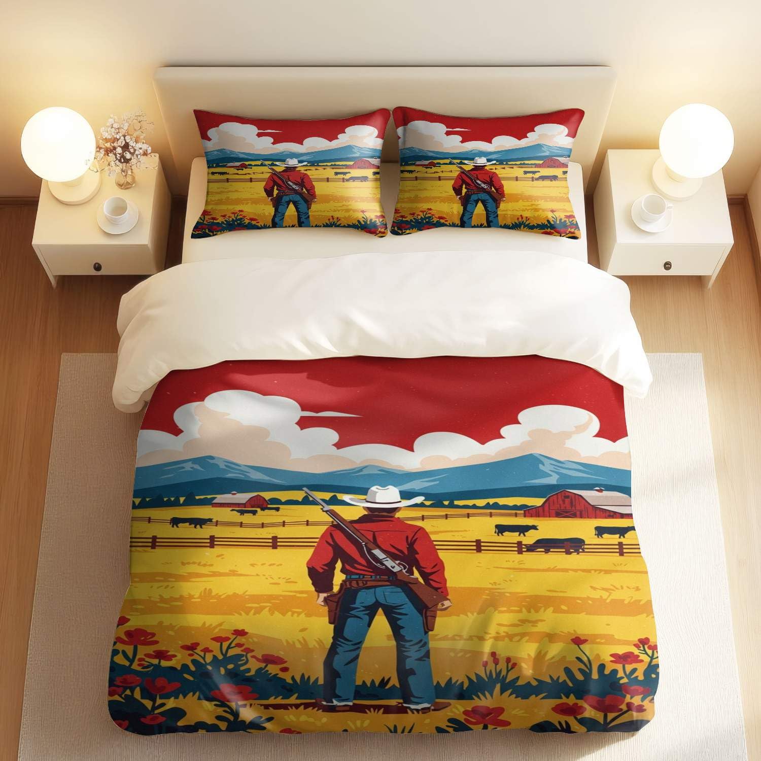 Housse de couette cowboy avec taies d'oreiller pour le lit simple d'un jeune garçon