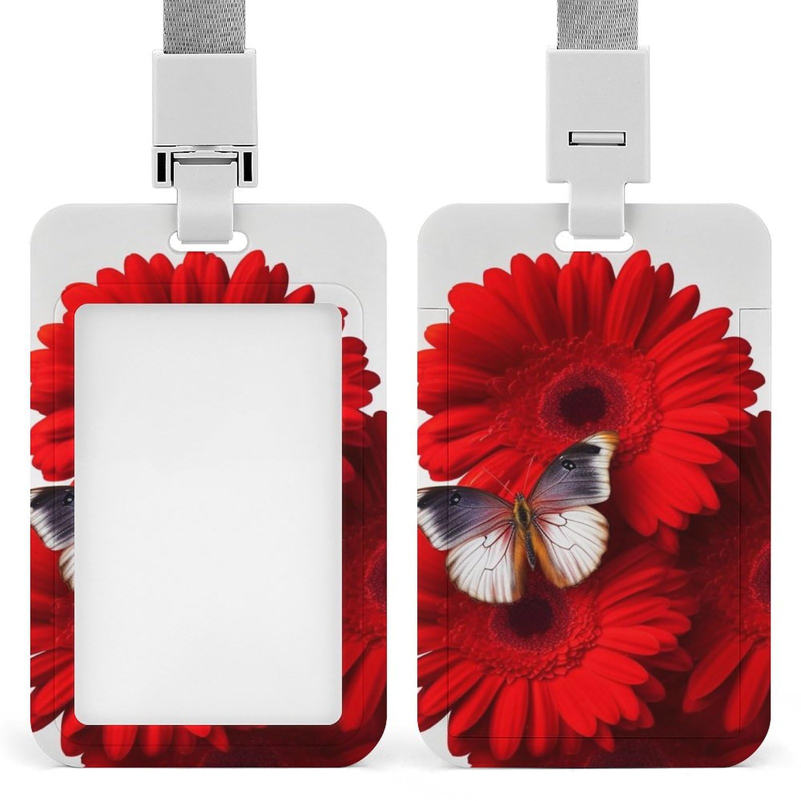 ID Card Holders for Lanyard,Red Flower and Butterfly Printed Badge Holder with Clear Window,Plastic Vertical Bus Pass Holders for Work Teacher Nurse Employees Proximity Key Cards Women Men