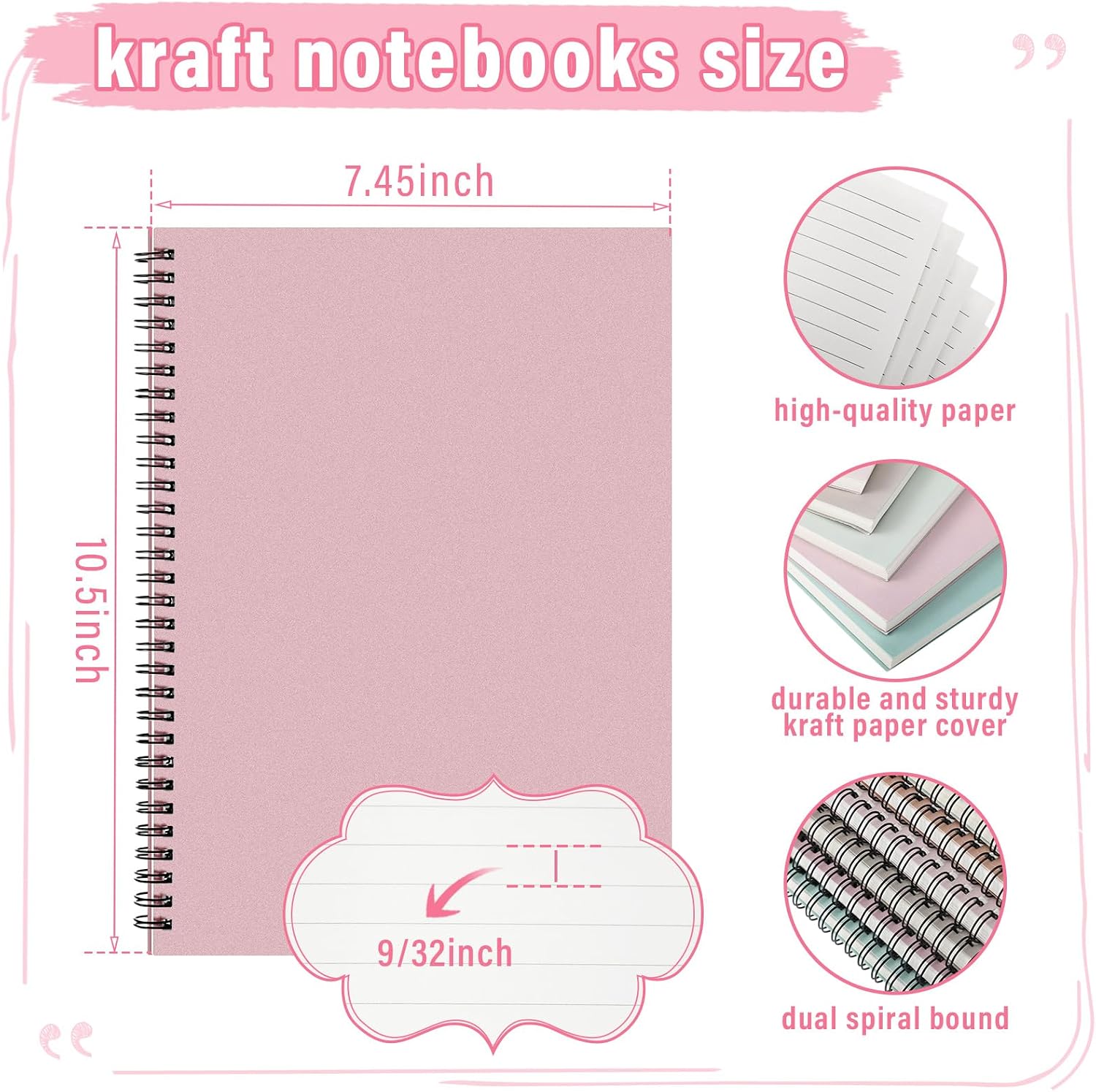 Fuutreo 6 Pack Spiral Notebooks 10.5 x 7.45 Inch College Ruled Journal with Kraft Cover, B5 70 Sheets (140 Pages) for Student Study and Office Use(Boho)