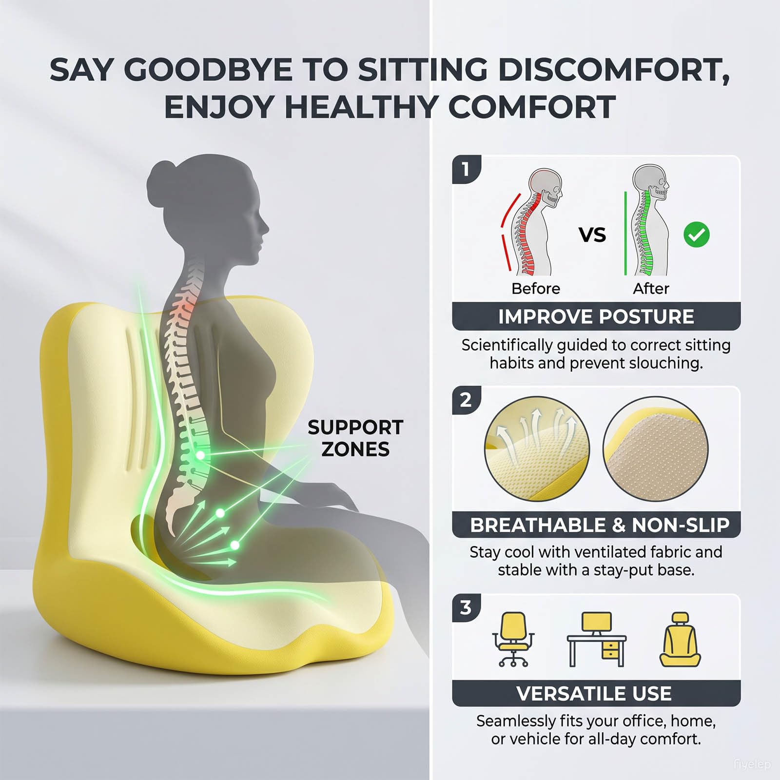 Cuscino di supporto lombare in memory foam, ergonomico a forma di L, con base antiscivolo, traspirante, per auto, ufficio, casa, comfort 2 in 1 per schienale e sedile