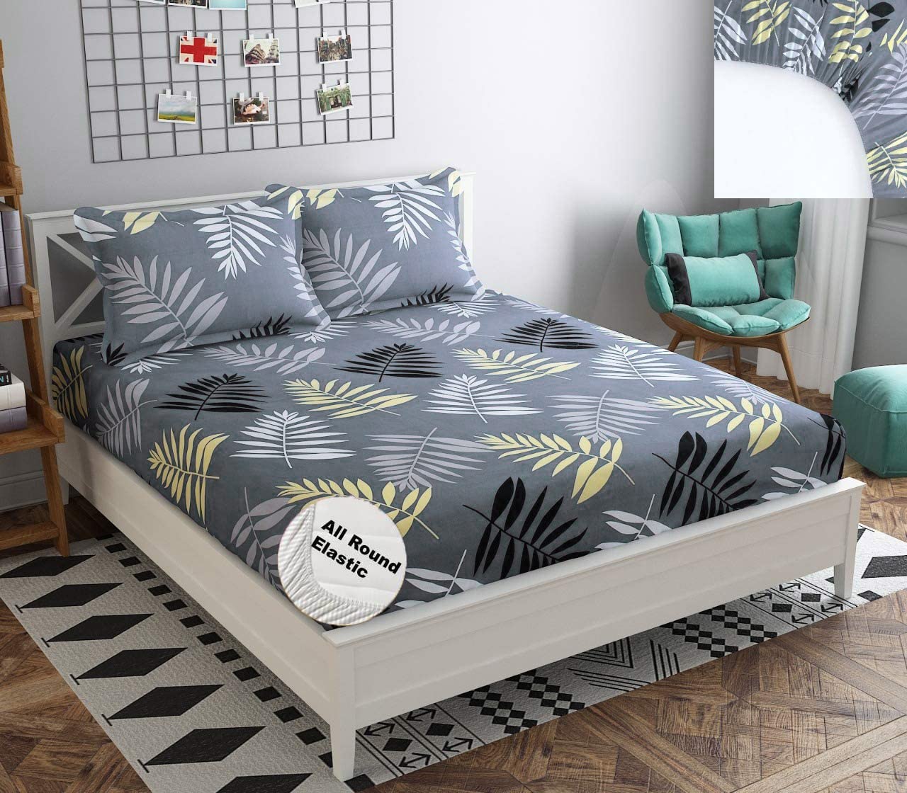 DECOMIZER Cotton Feel All Around Elastic Fitted Glace Printed Queen Size Double Bed Bedsheet with 2 Large Pillow Covers Fits Upto Mattress of 8 Inches,Size - 60 x 78 x 10 Inches, Design - Grey Leaves (B0BTPQ9452) Amazon Price History, Amazon Price Tracker