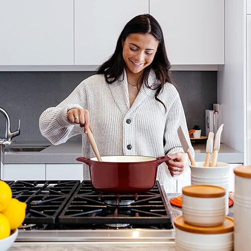 Miniatura 5 de Navaris Molde de horno holandés con tapa, sartén de hierro fundido esmaltado de 3.7 cuartos de galón, olla esmaltada redonda cubierta de 15 34