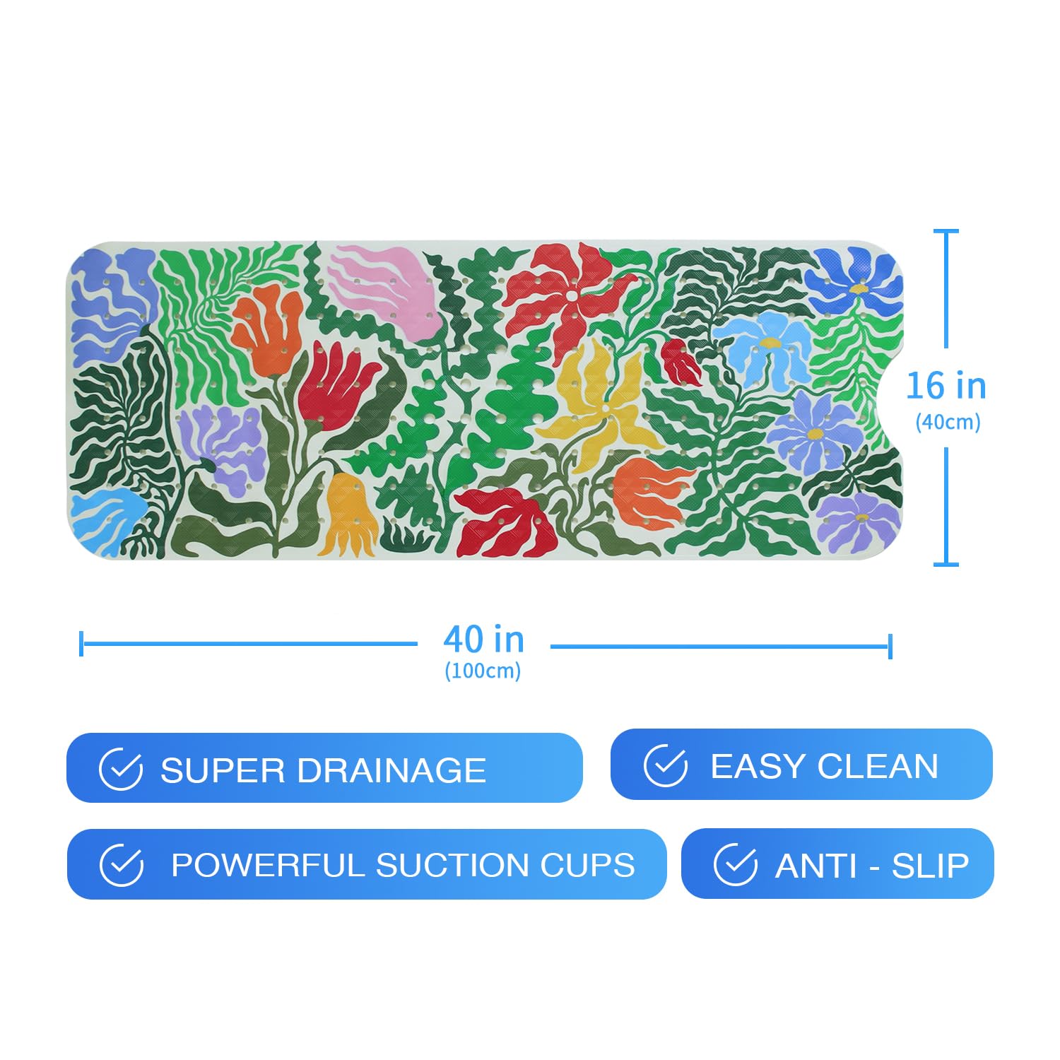 Pflanzen-Badewannenmatte, rutschfest, für Kinder, 101,6 x 40,6 cm, extra lang, florales Design, rutschfeste Badematte für Wanne, abstrakte, botanische, rustikale Duschmatte mit großen Abflusslöchern,