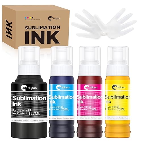 Hiipoo Sublimation Ink Refilled Bottles Compatible for ET2400 ET2720 ET2760 ET2750 ET4800 ET-2800 ET-2803 ET-2850 Inkjet Printers Heat Press Transfer on Mugs T-Shirts - 1BK/1C/1Y/1M