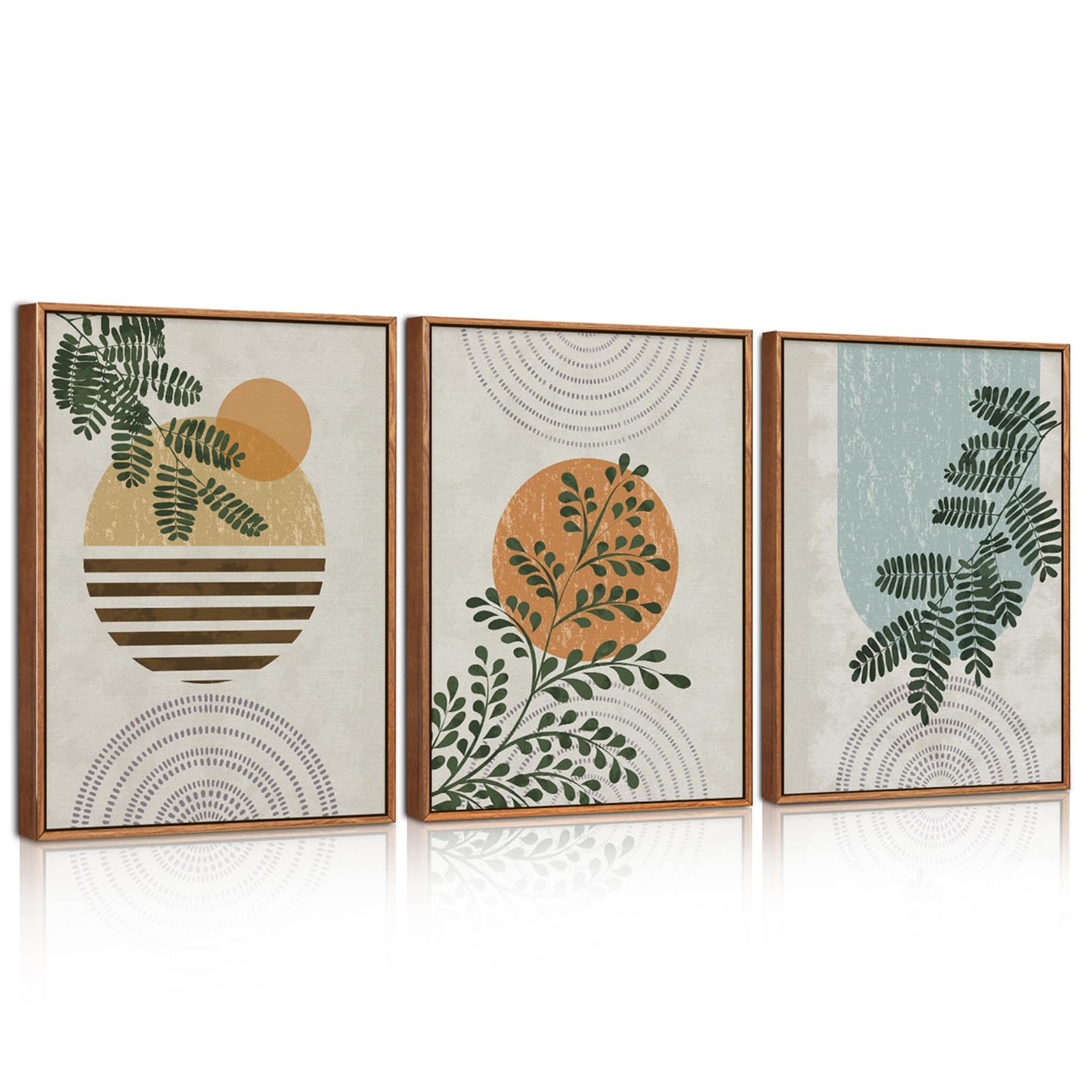 CHDITB 3PCS Green Boho Canvas Wall Art Set,Abstract Bohemian Wall Decor, Mid Century Modern Geometric Wall Painting,Boho Leaf Botanical Framed Art Print for Living Room, Bedroom, Office (30x40cm)