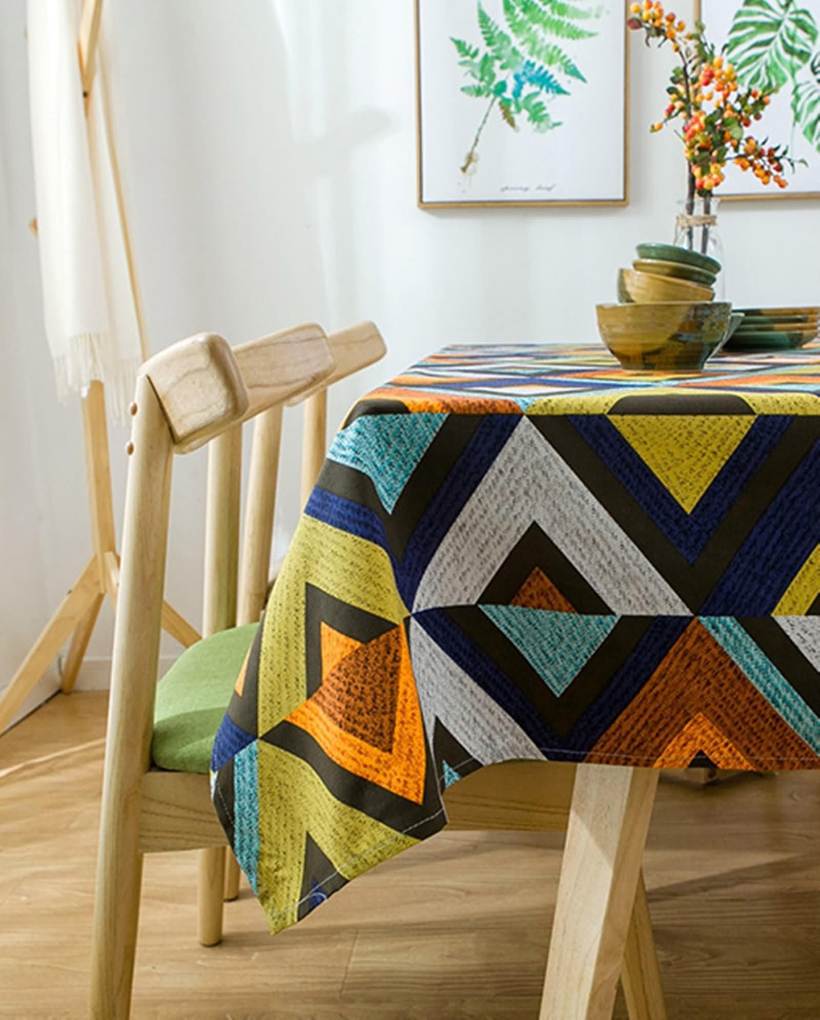 Niebiesko-żółty obrus prostokątny, 55 W x 98 L cm, bawełniany wzór trójkąta, zmywalny obrus do salonu
