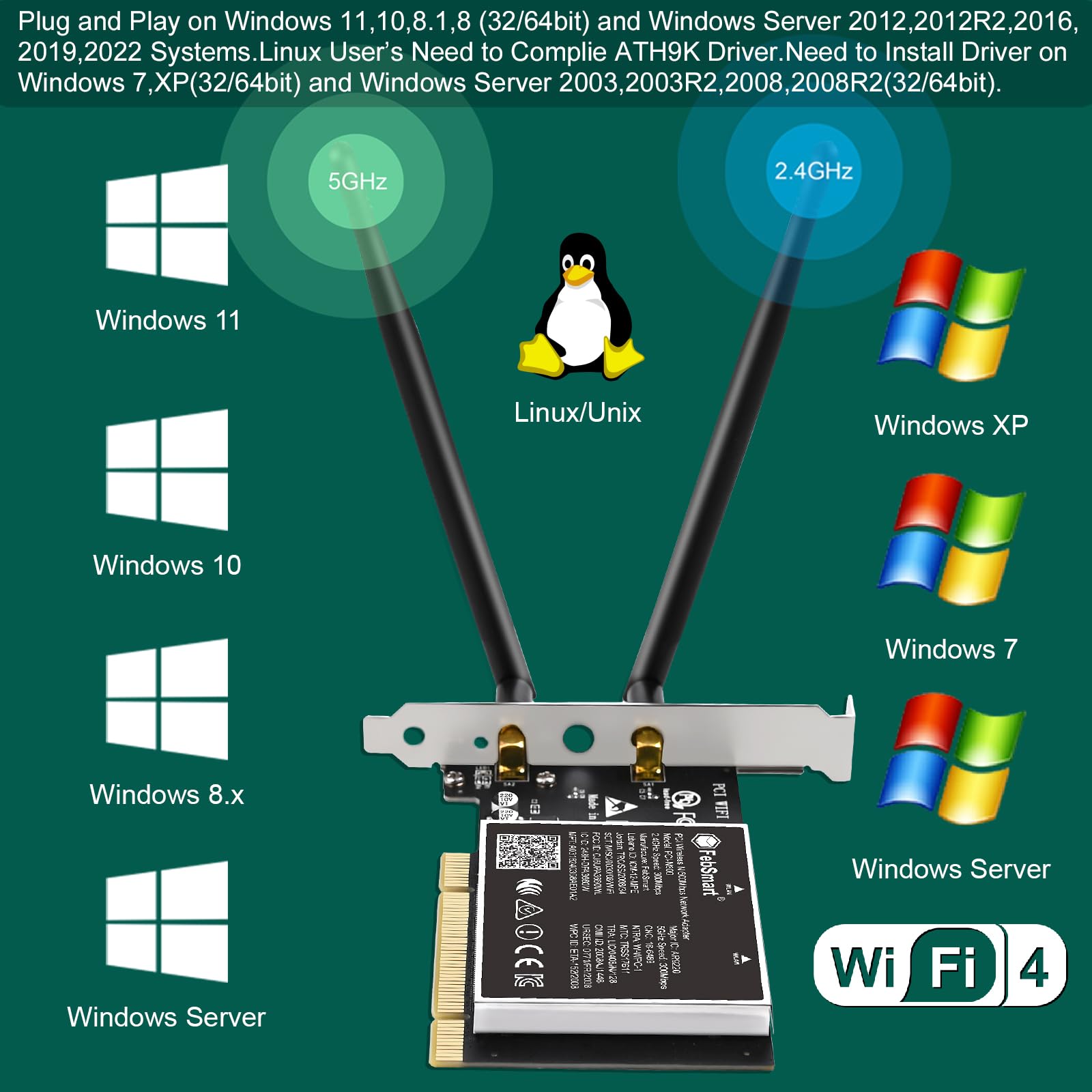 Wireless N Dual Band 600Mbps (2.4GHz 300Mbps o 5GHz 300Mbps) PCI WiFi Adapter per Windows 11, 10, 8.x, 7, XP (32/64bit) e PC desktop Windows Server, interfaccia PCI scheda WiFi (PCI-N600)