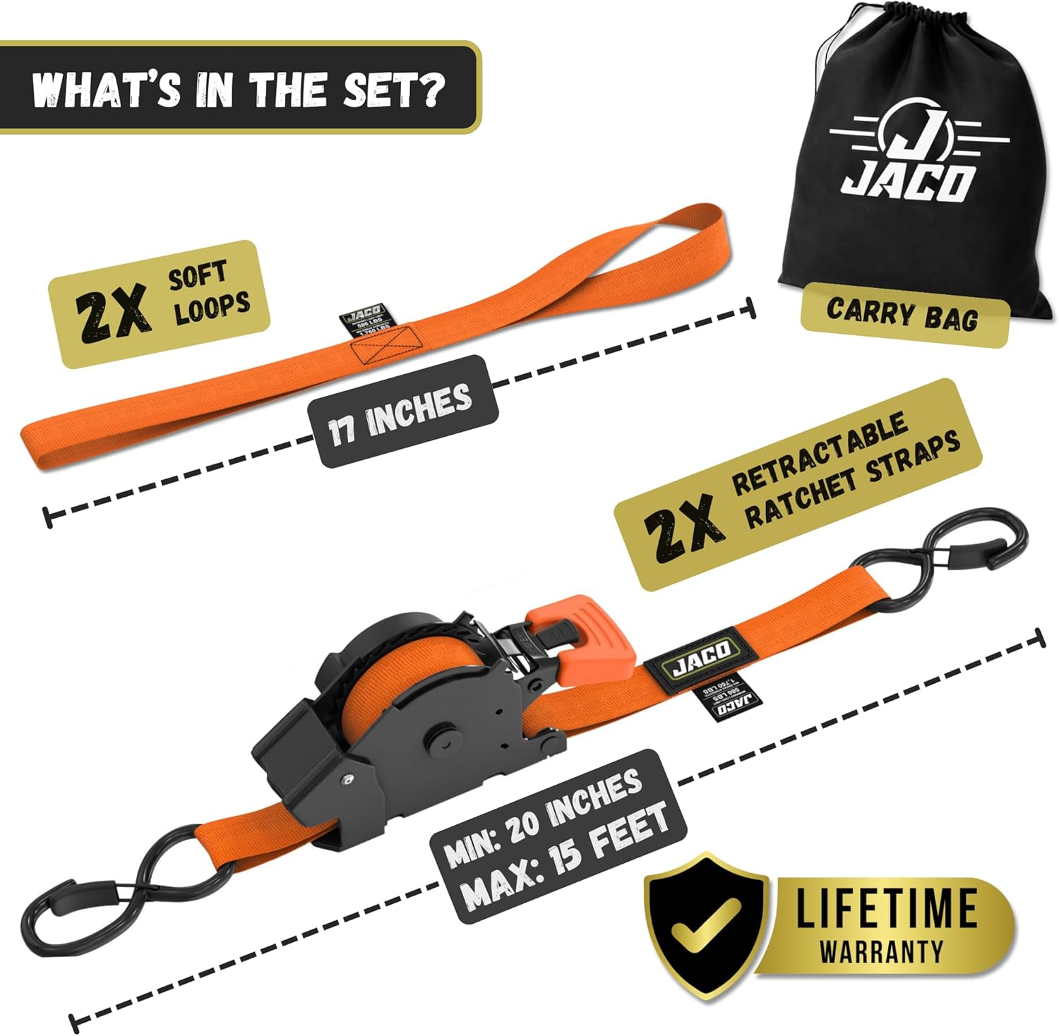 JACO Retractable Ratchet Straps - 1 in x 15 ft (2-Pack) (1,760lb Break Strength) | Auto Self Retracting Cargo Tie Down Strap Set (Orange)