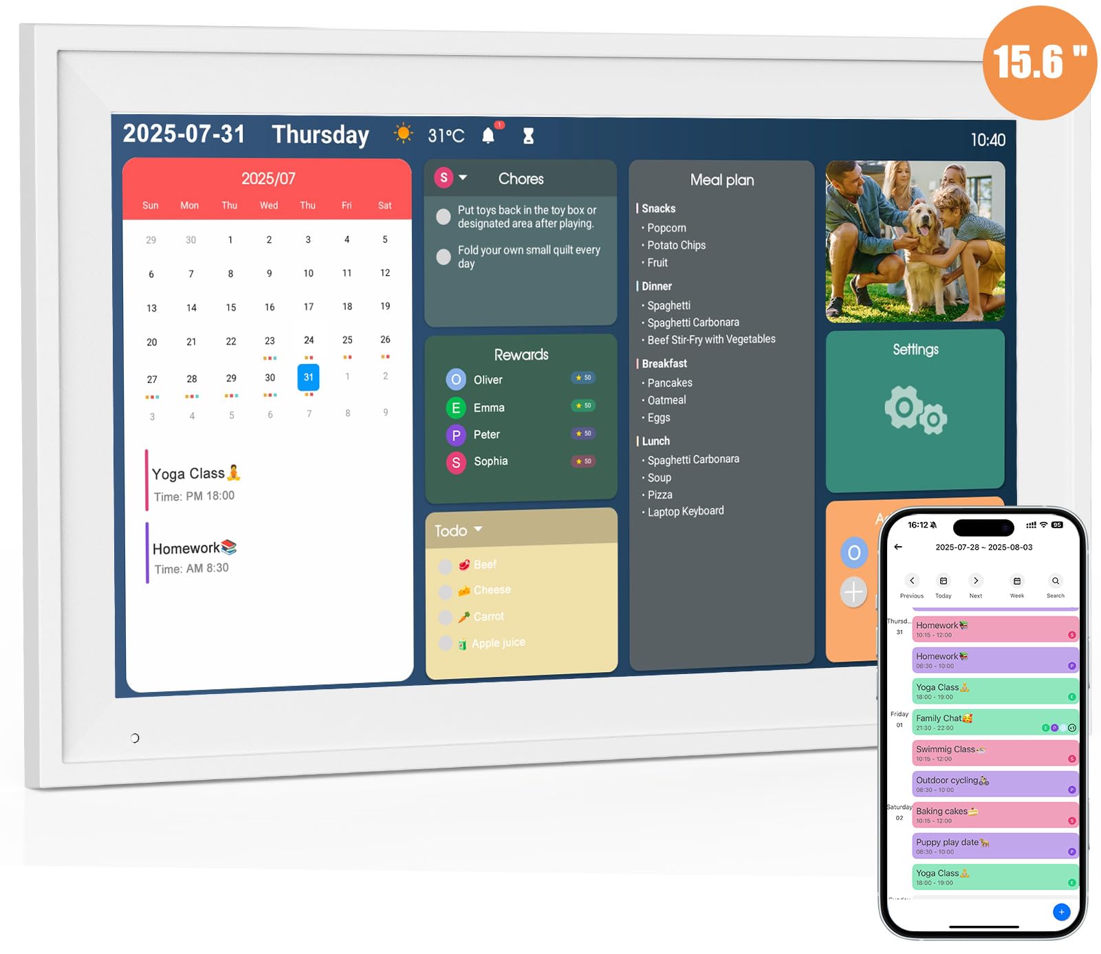 Lehwey 15,6 Zoll Digitaler Familienkalender & Smart Wall Planner - Touchscreen Elektronischer Kalender mit Aufgabendiagramm & Belohnungssystem, Google/Outlook Sync, Kompaktes Display für Küche