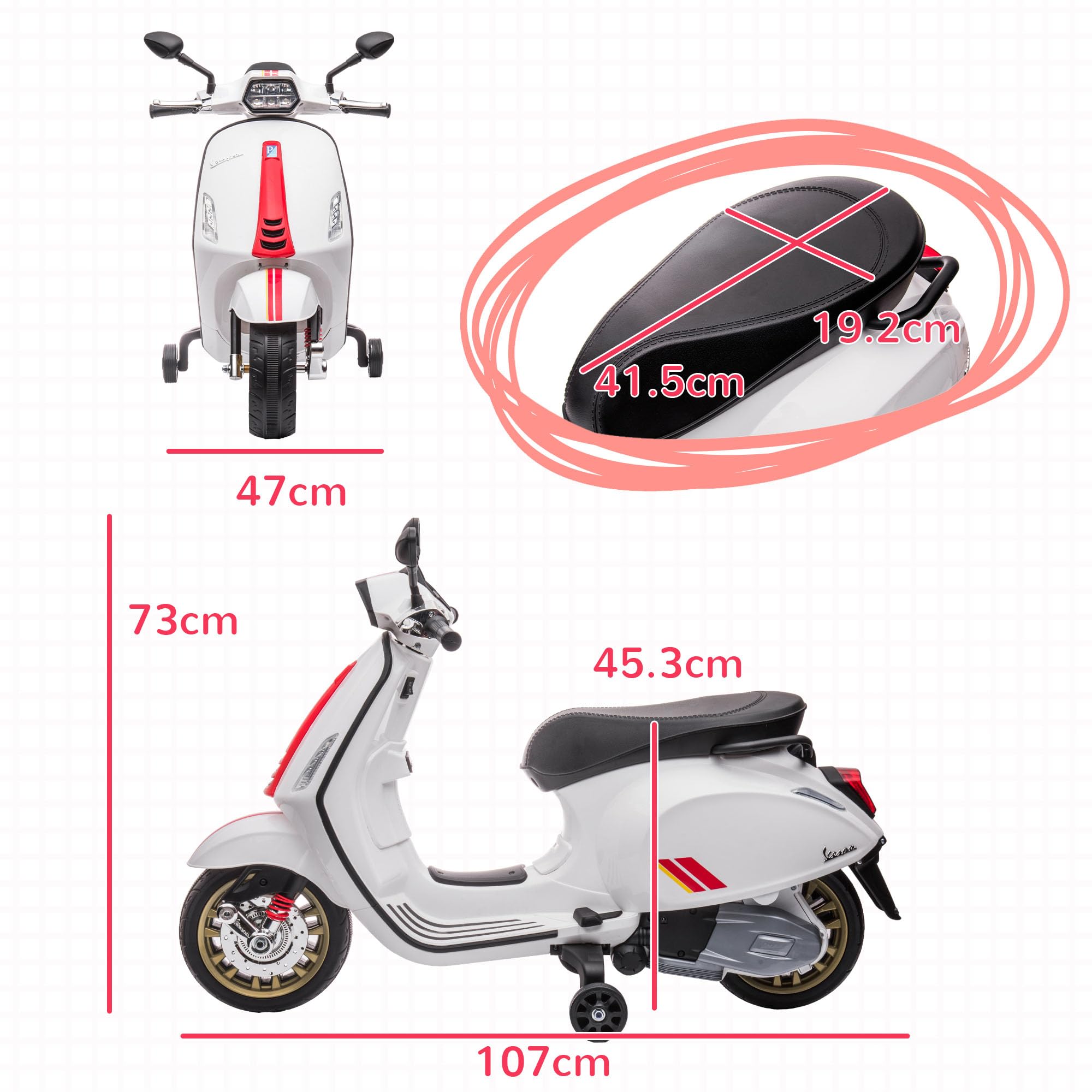 AIYAPLAY 12V Moto Elettrica per Bambini 3-6 Anni a Licenza Vespa con Rotelle, Fanale e Musica, Moto Giocattolo in PP e Metallo, 107x47x73 cm, Bianco