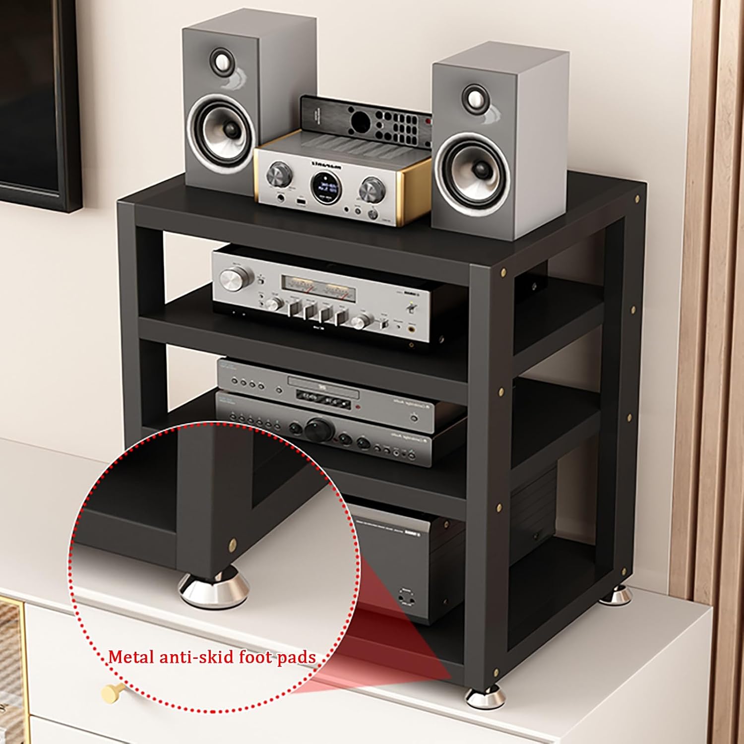 4-Tier Audio Video Rack, Black Stereo Stand, Multifunctional Media Storage Cabinet, Sturdy Open Shelf Organizer with Foot Pads, 40x35x55cm, Ideal for Home Theater & Living Room