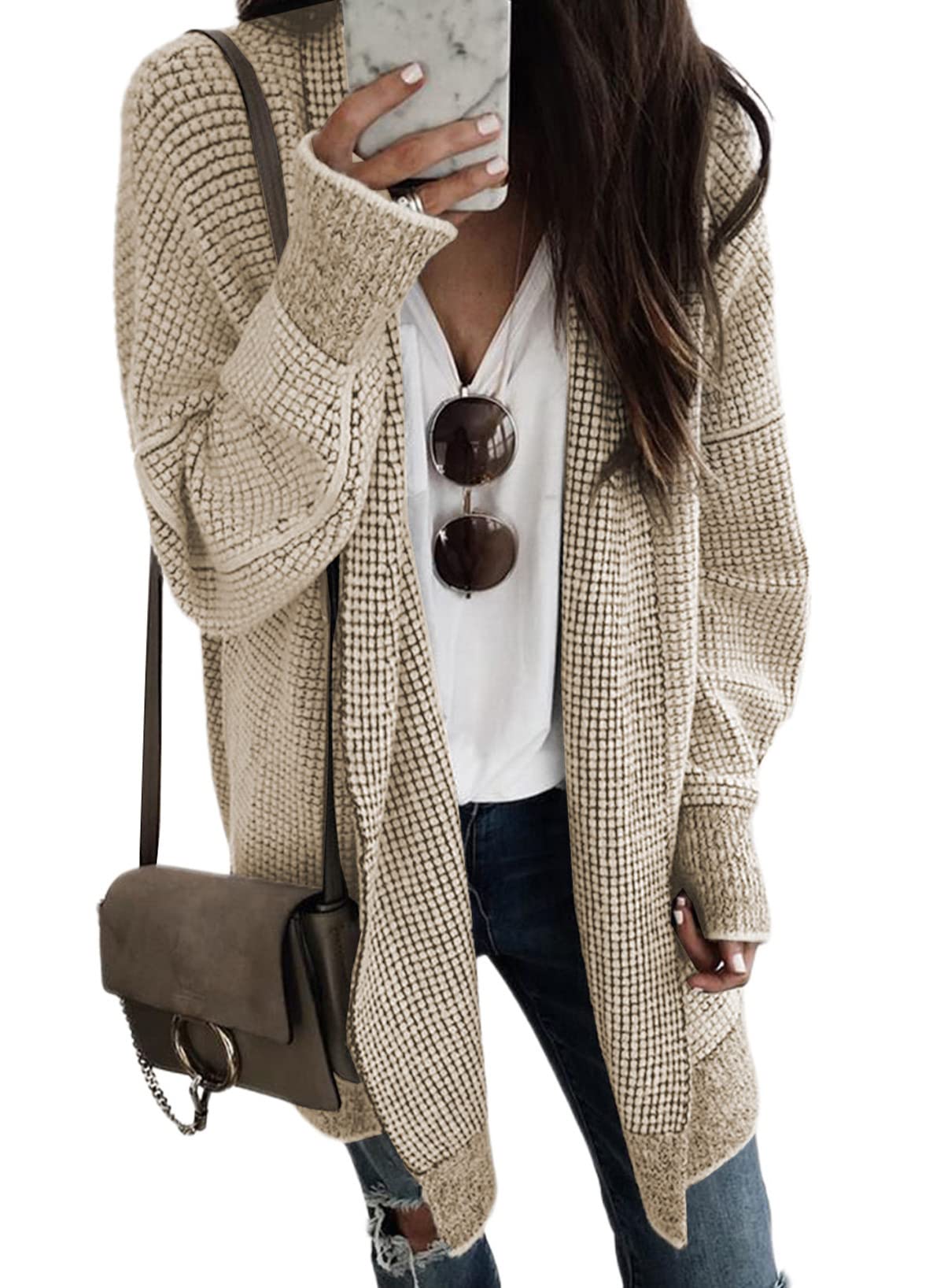 SidefeelWomens 2025 Fall Outfits Long Sleeve Open Front Cardigan Sweaters Oversized Checkered Chunky Knit Sweaters Coat