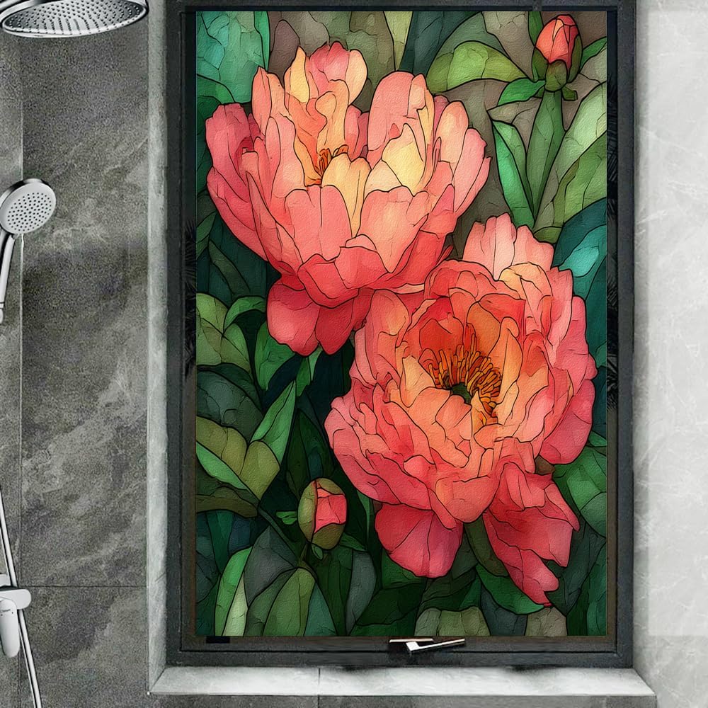 Nature Peony Bouquet Privacy Window Film, Colorful Floral Botanical Frosted Self-Adhesive Vinyl Cling for Glass Doors Bathroom Windows Sun Blocking Heat Control, 21.6Wx47.2L inch