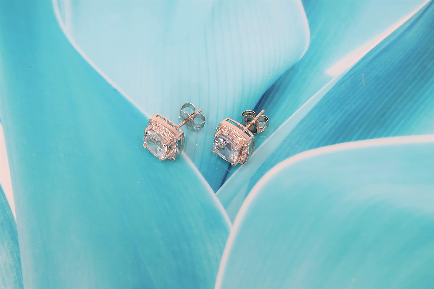 14K White Gold Genuine Aquamarine 6mm Cushion Diamond Stud Earrings - Image 2