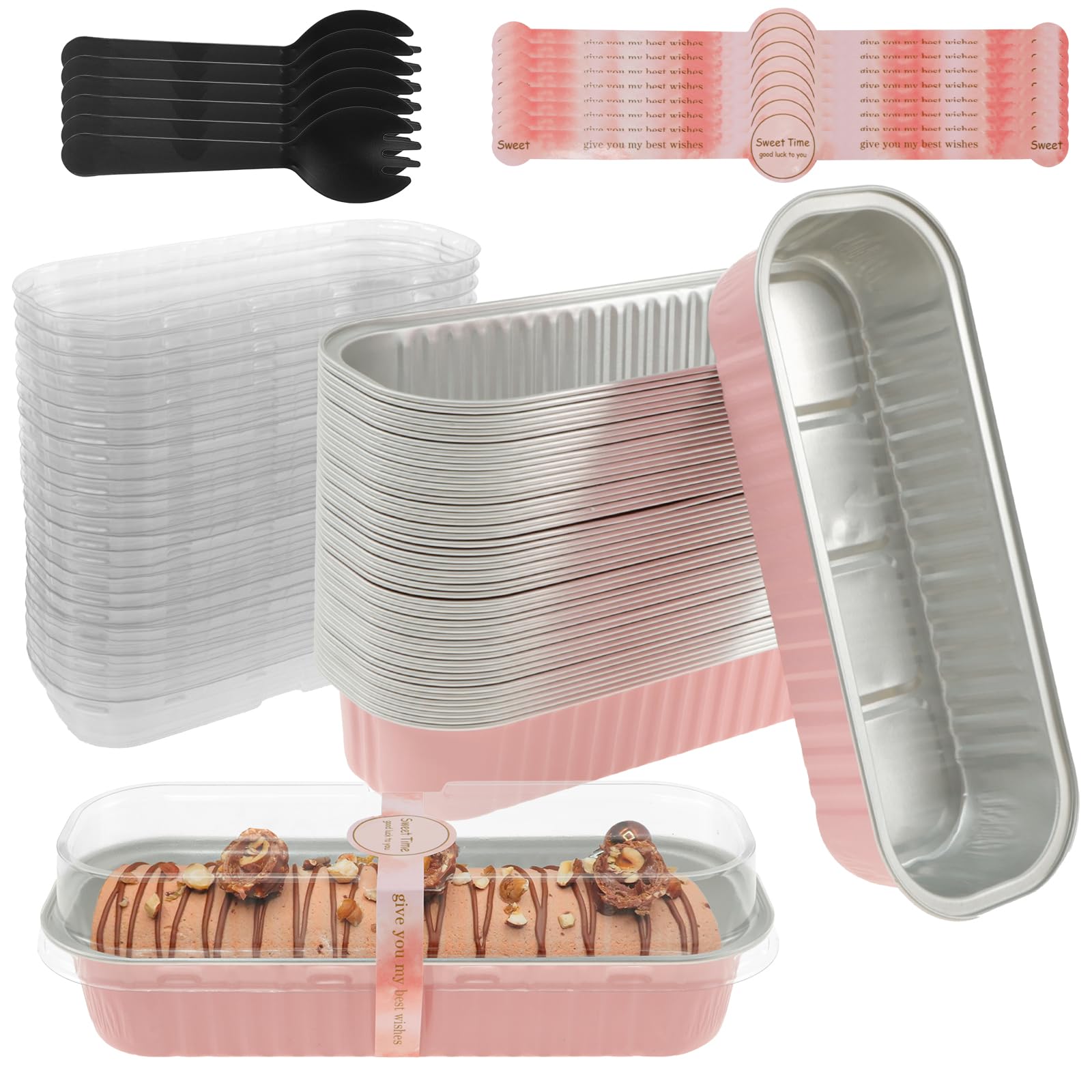 Tcwhniev 50 Pcs Mini Loaf Pans, Aluminum Foil Mini Cake Pans with Lids Spoons Sealing Stickers, Nonstick Mini Loaf Baking Pans, Reusable Small Cheesecake Containers for Picnics Parties Camping (Pink)