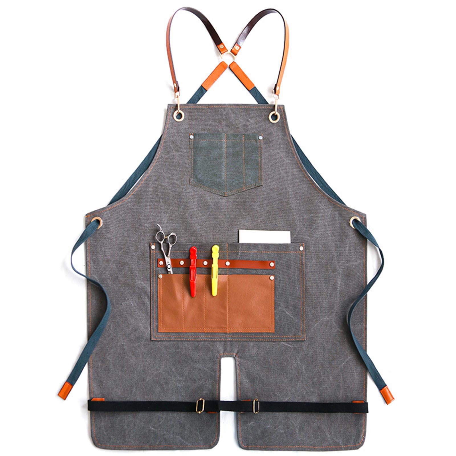 Delantal De Trabajo De Lona Perneras Divididas Ajustable Tirantes Cruzados Delantales para Barbacoa con Bolsillos para Hombre Y Mujer Apto para Tiendas, Jardines, Restaurantes