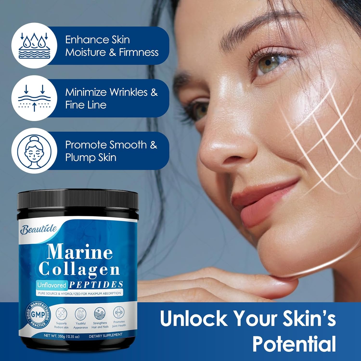 Marine-Collagen-Peptides-Powder, Hydrolyzed Fish Collagen with Vitamin C and Hyaluronic Acid for Skin Hair Nail Joint - Non-GMO, Sourced from Wild-Caught Fish, 35 Servings - Image 3