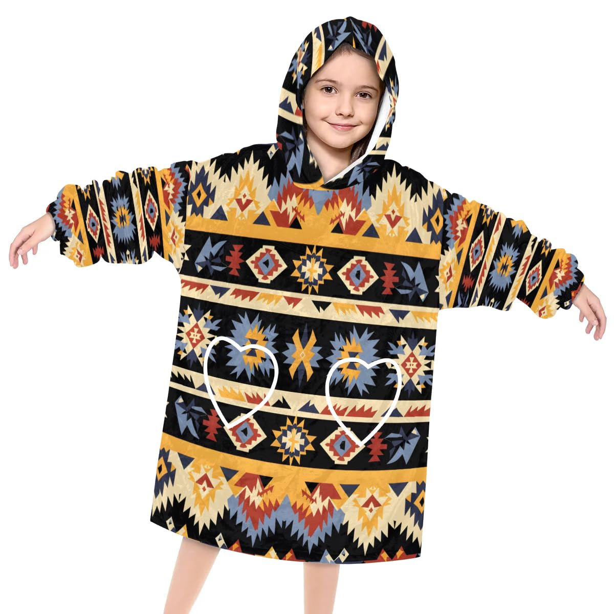 Wearable Blanket Hoodie for Kids, Shadowy Aztec Fleece Sweatshirt Blanket Oversized Blanket Sweatshirt with Pocket Flannel Warm Hooded Blanket 6-10 Year Old Girl Boy Gift, One Size