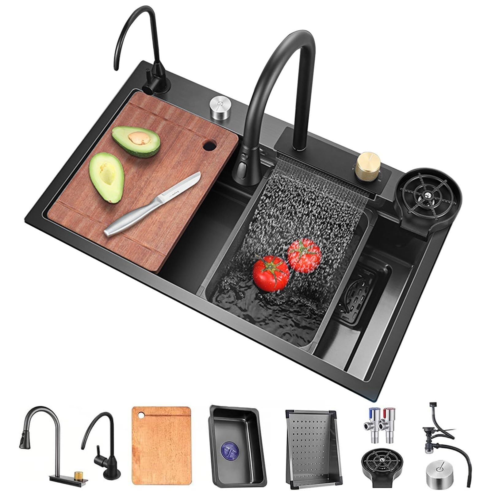 SDdPulse Black Grey Drop-in Single Bowl Waterfall Kitchen Sink - Stainless Steel Workstation Sink with Accessories,Black-Grey