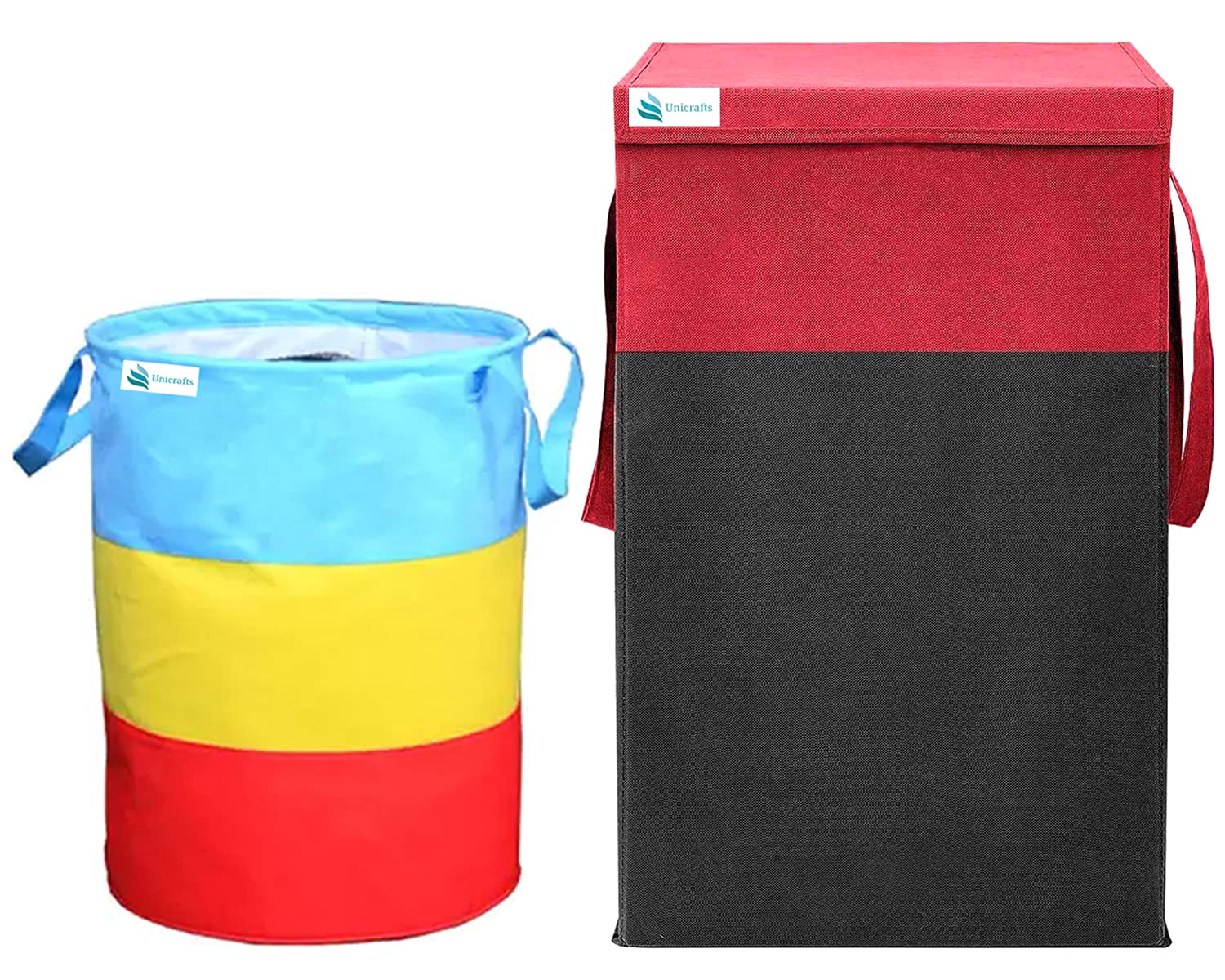 UNICRAFTSLaundry Bag 45 L Durable and Collapsible Laundry storage Bag Foldable 68 L Laundry Basket With Lid and Side Handles Combo Pack of 2 Pc Laundry Bins (1 Multicolor 45 L & 1 Red-Black 68 L)