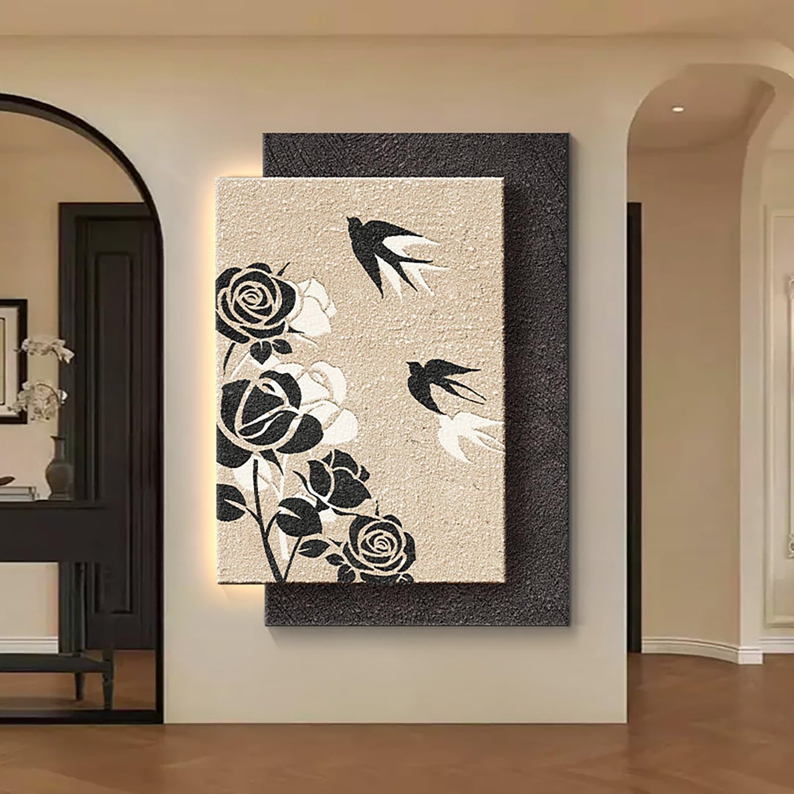 ZCQMSCWW 3D LED Vertical Wall Art, Leaf and Swallow Pattern Borderless Sandstone Texture Plug-in Power for Living Room Bedroom Entryway(B,50 * 70cm/19.6 * 27.5in)
