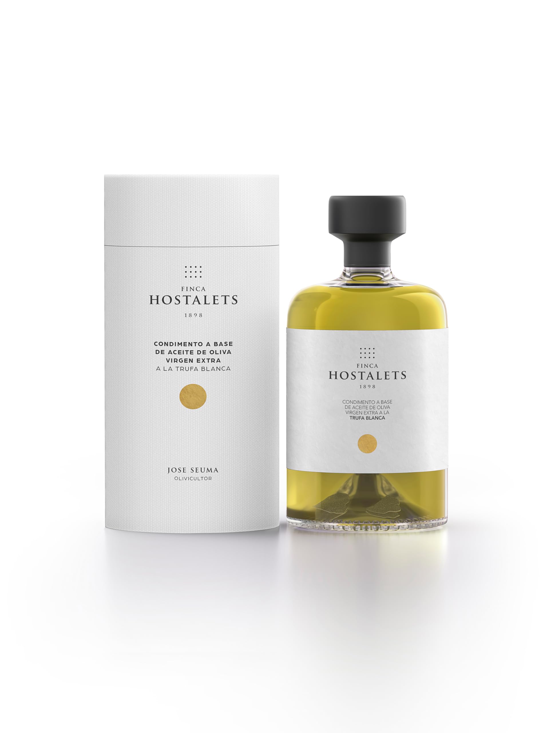 FINCA HOSTALETS condimento a base de Aceite de Oliva Virgen Extra Arbequina a la Trufa Blanca. Botella de Cristal de 500 ml (NUEVO FORMATO).