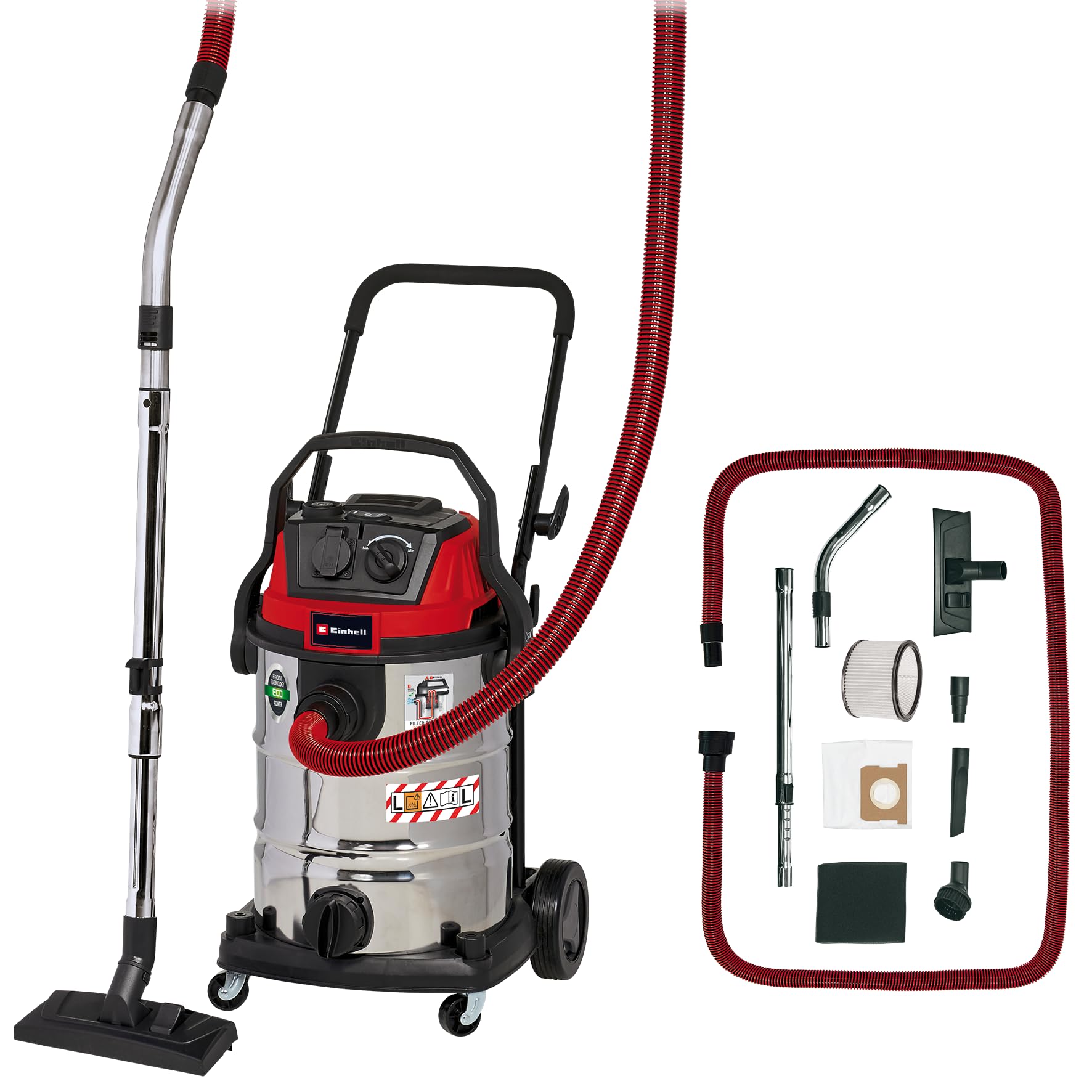 Einhell Aspirasolidi e Liquidi TE-VC 2340 SACL, 1.500 W, 225 mbar, Raggio d'Azione 9 m, Filtro Plissettato HEPA incl. sist. Pulizia Filtro, 40 L, Classe di Prot. Polvere L, Presa Autom. da 1.900 W