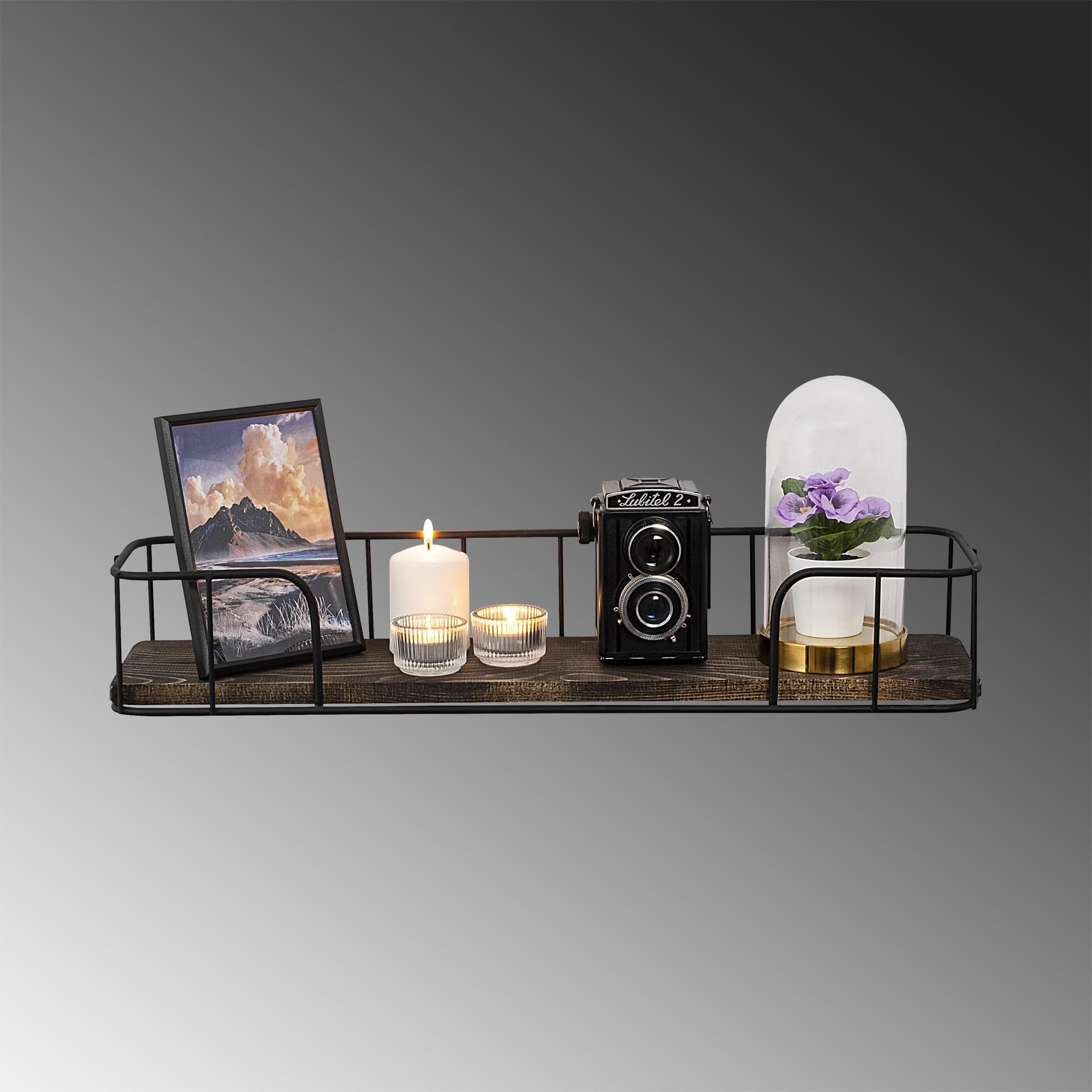 Deconation - Estantería de pared de madera de abeto y metal negro y nogal oscuro 60 x 10 x 15 cm, estilo industrial