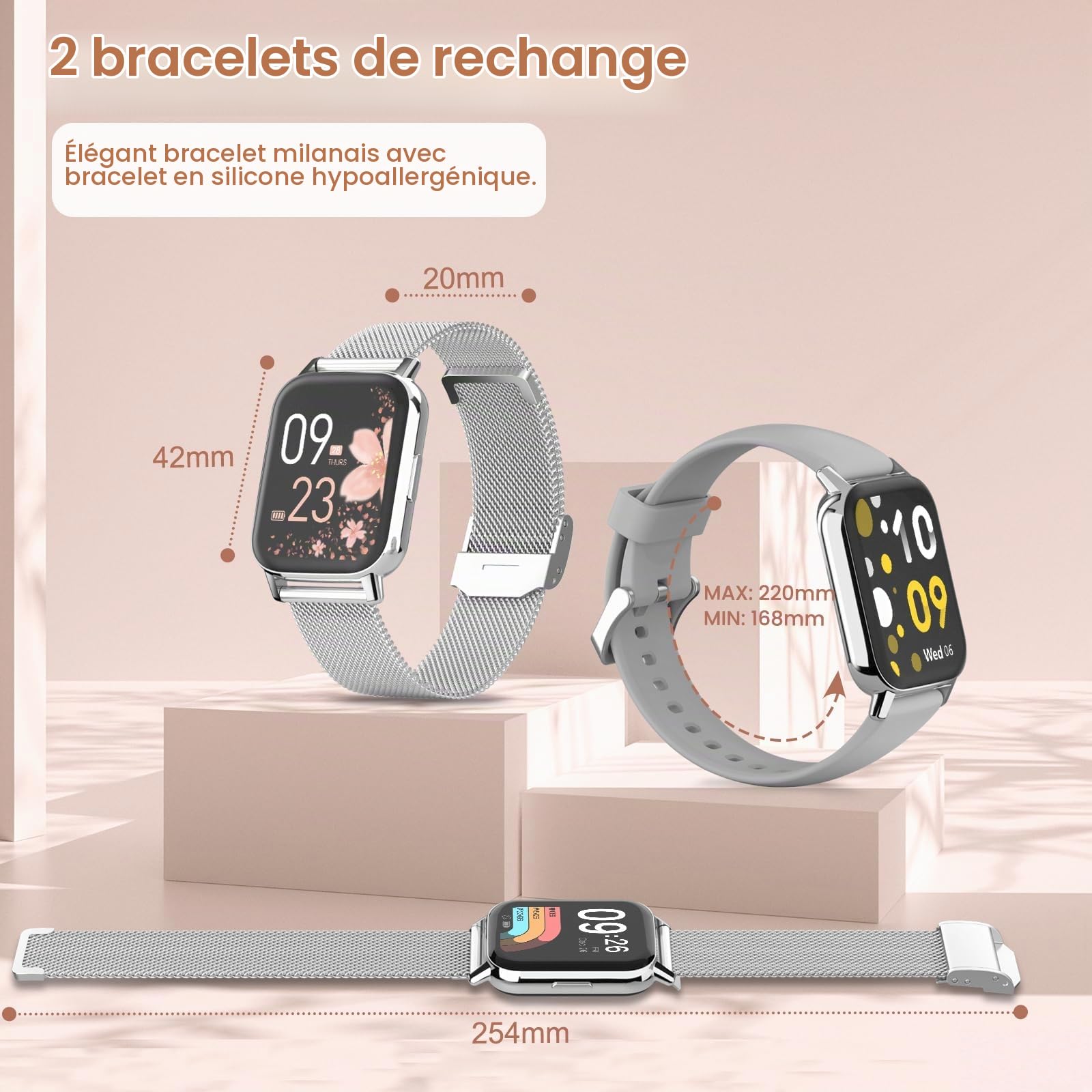 【Coffret Cadeau】Montre Connectée Femme, 1.83'' HD Smartwatch avec Appels Fonction Féminine/Fréquence Cardiaque/Sommeil/SpO2 IP68, 113+ Modes Sportifs Montre Connectée Podomètre iOS Android Argent