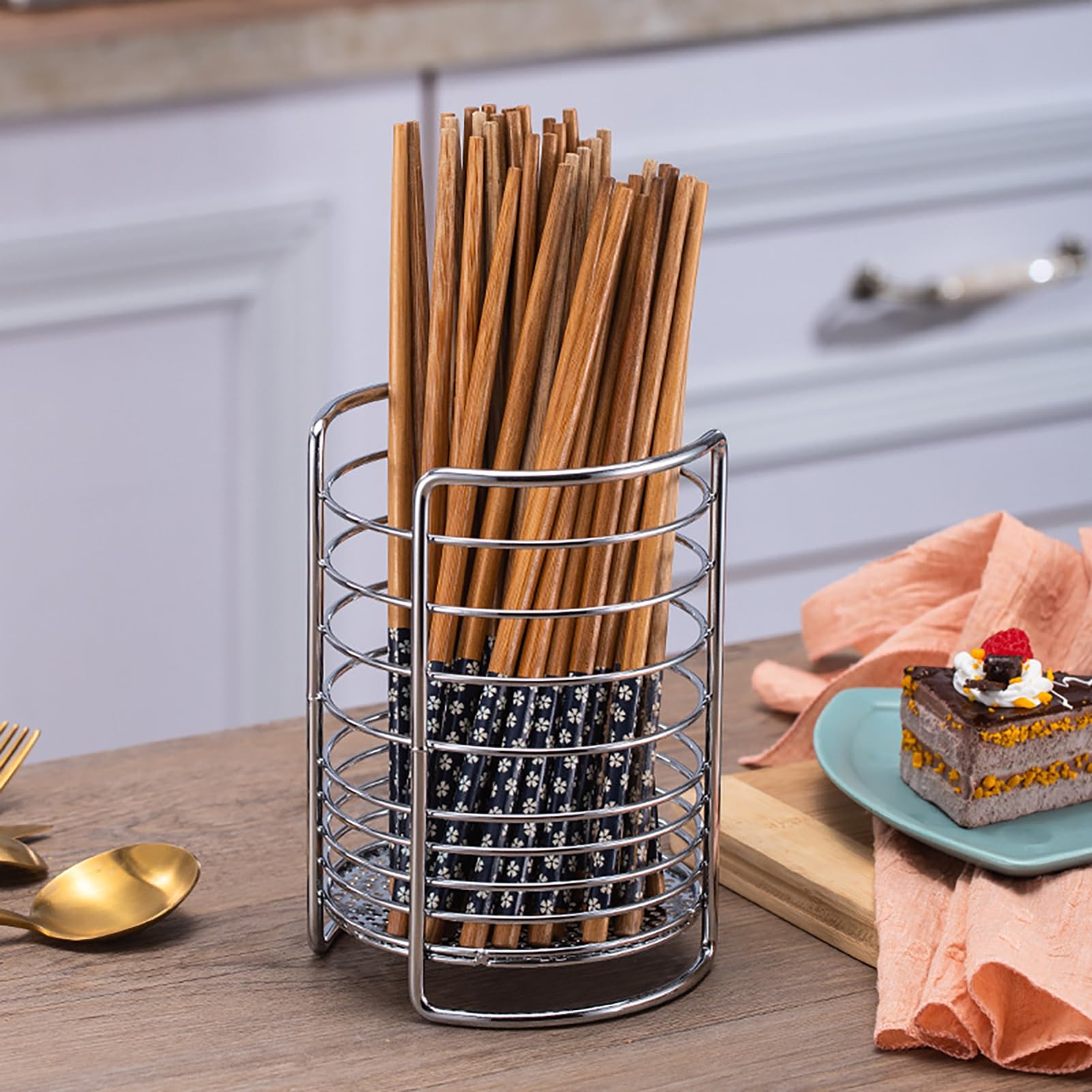 Quoravel Large Capacity Chopstick Basket, Cutlery Drainer with Ventilation Holes, Kitchen Countertop Storage Organiser Silver