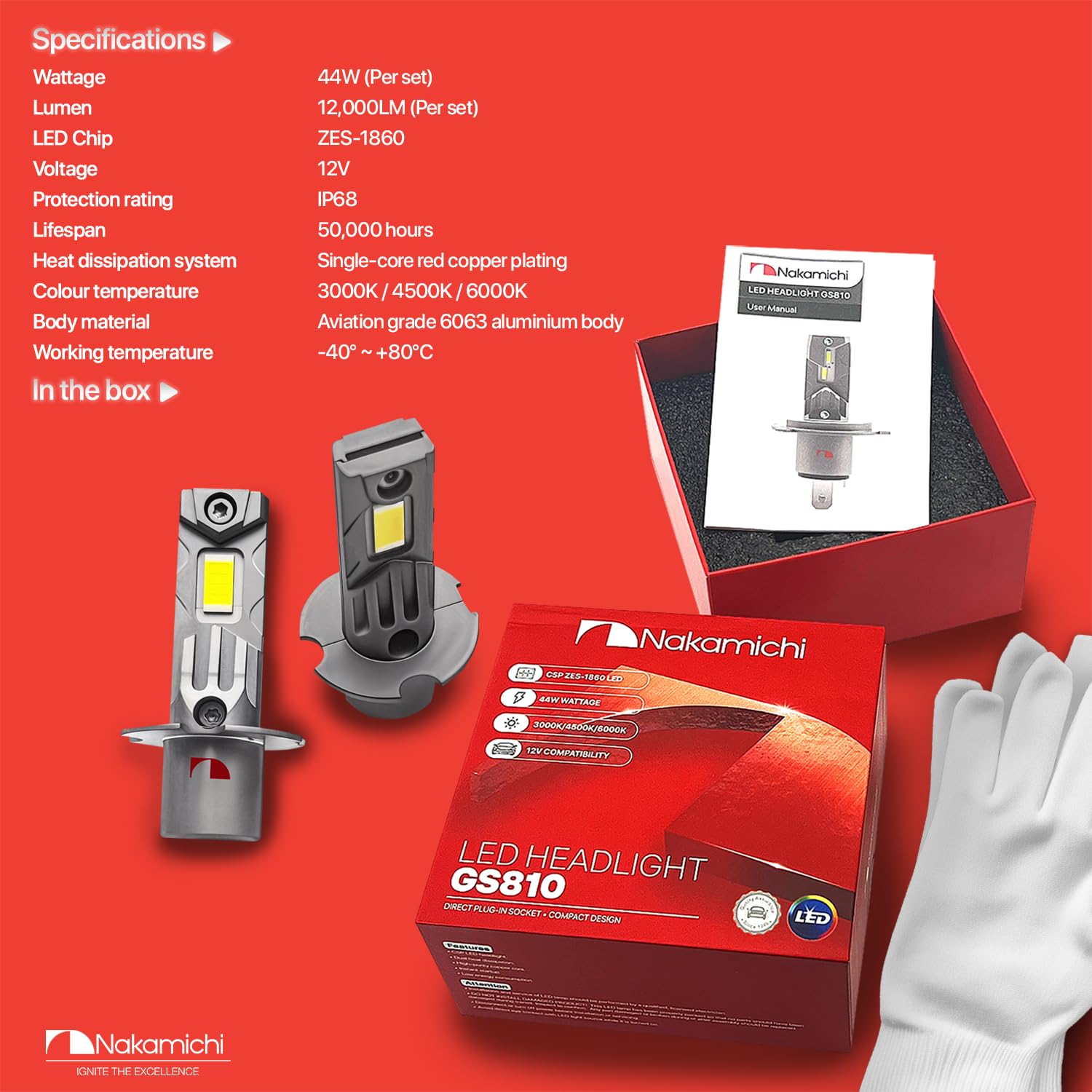 Nakamichi Serie GS810 Lampadine LED H1 per Fari e Fendinebbia, 12.000 Lumen 44W per Set, Bianco Luce del Giorno, Plug and Play, Fascio 1:1, Confezione da 2, 6000K, H1
