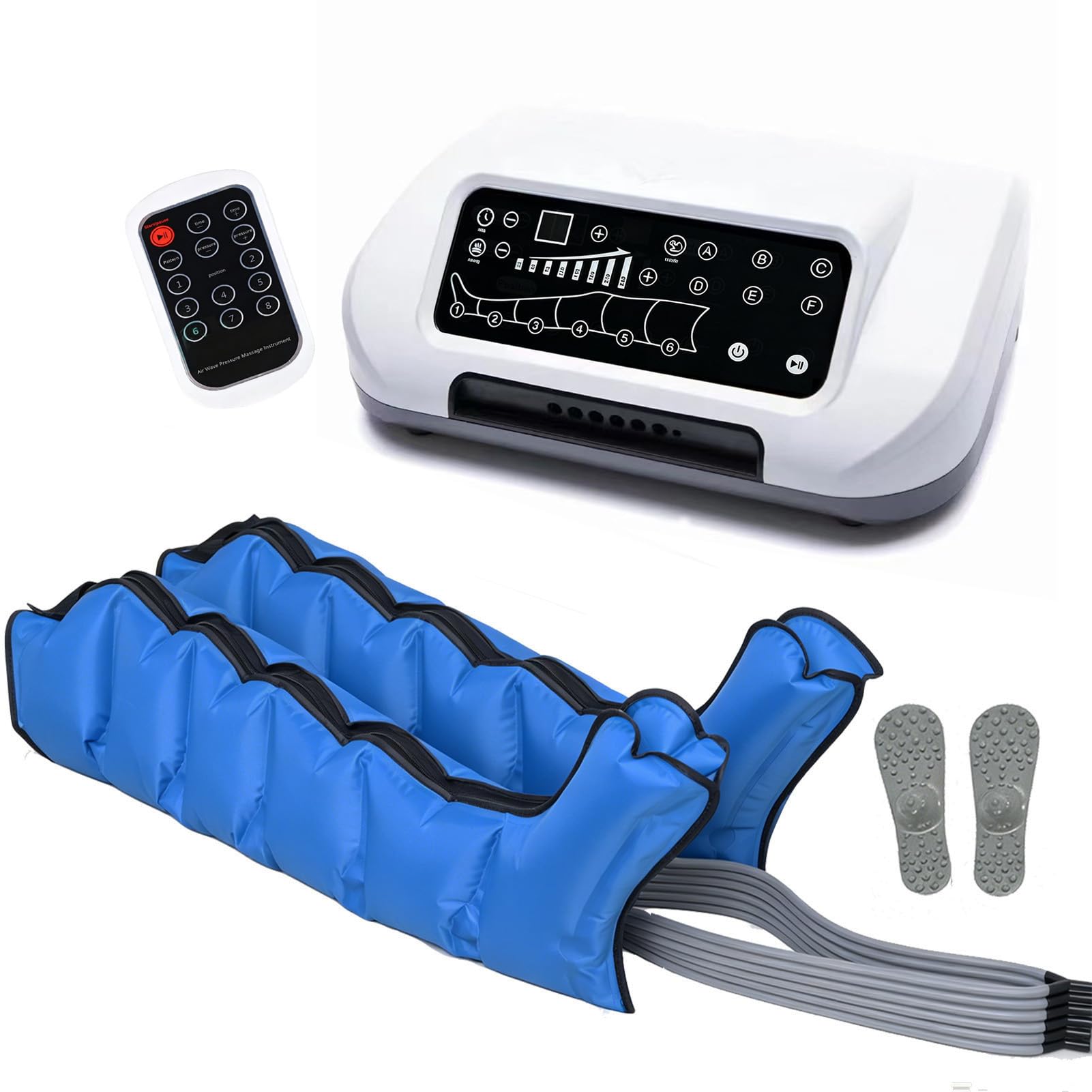 Botas Presoterapia Piernas para Casa, Masajeador Piernas Presoterapia en Casa con 6 Cámaras y 6 Modos, Regulación Presión 30-250 mmHg, Duración 0-30 Min, Drenaje Linfatico, Relajación Muscular