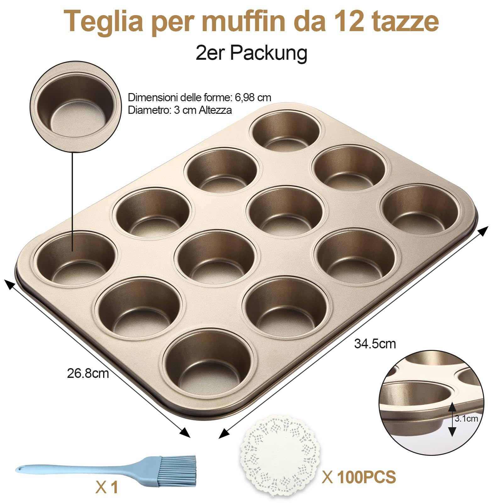 Set Da 2 Stampi Per Muffin In Acciaio Al Carbonio Antiaderente Con 12 Pirottini In Silicone Riutilizzabili, 26,5x18,5 Cm, Forno 6 Muffin, Nero