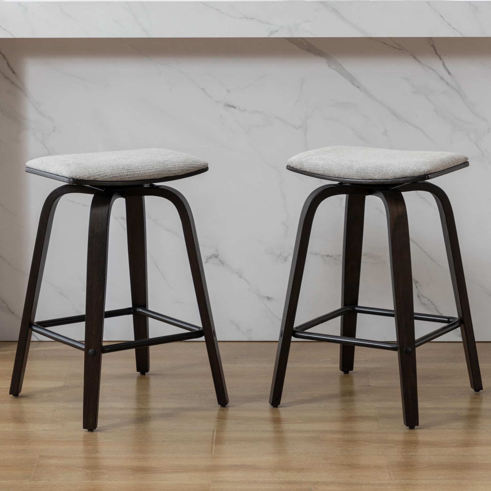 FERFALDER Swivel Counter Stool Set of 2-26" Backless Bentwood Saddle Seat Stools, Wooden Bar Stool for Dining Room, Grey