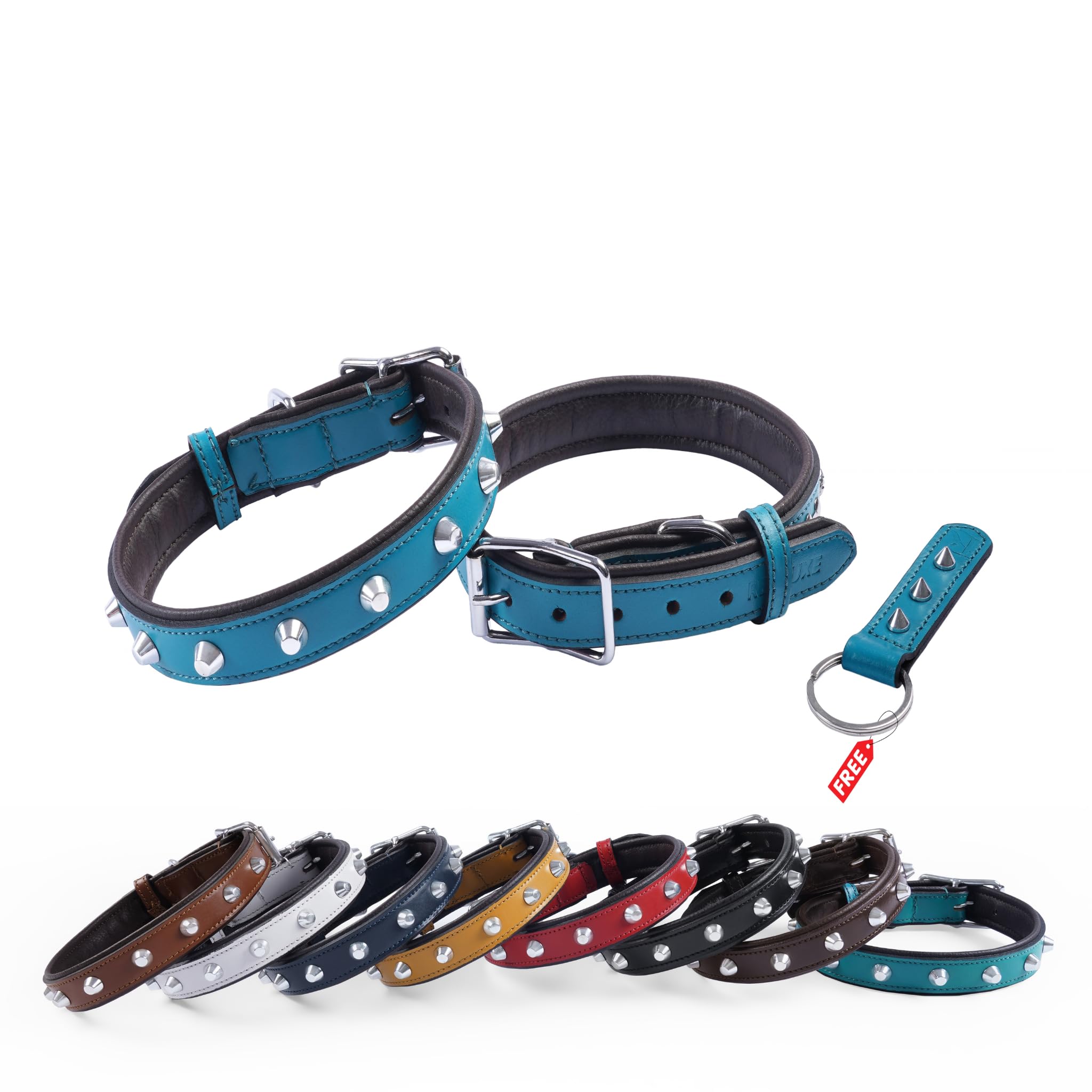 REDLUXE Genuine Leather Studded Dog Collar, Soft Padded Adjustable Pet Collar with Heavy Duty Buckle & D-Ring, Luxury Leather Collar for S, M & L Dogs, Includes Free Matching Keyring (TURQUISE, S)