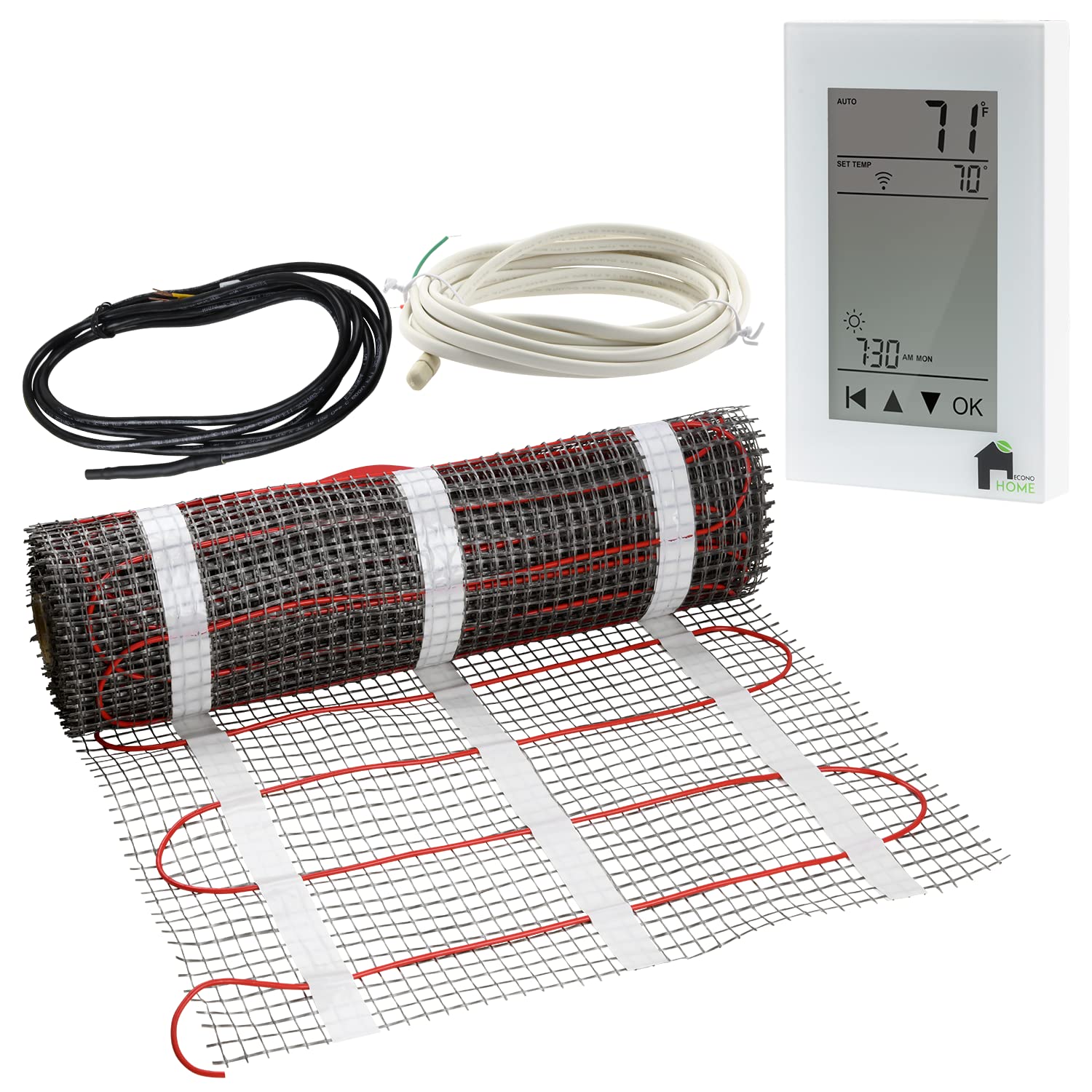 EconoHome Radiant Floor Heating System 15 sqft - Fluoropolymer Insulated Floor Heating Mat Kit for Tile, Wood, Laminate - Indoor Home Warming Systems - GFCI Thermostat, WiFi Compatibility (Included)